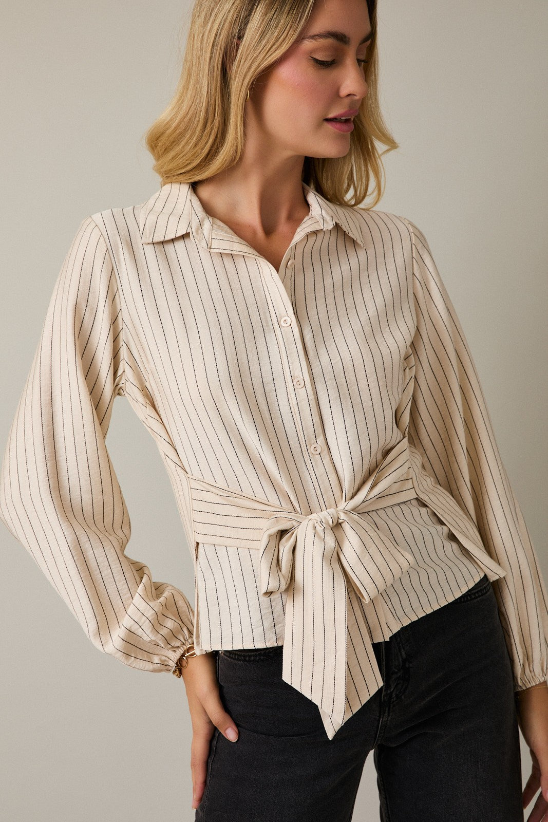 Long Sleeve Waist Tie Button Up Stripe Shirt Cream + Black