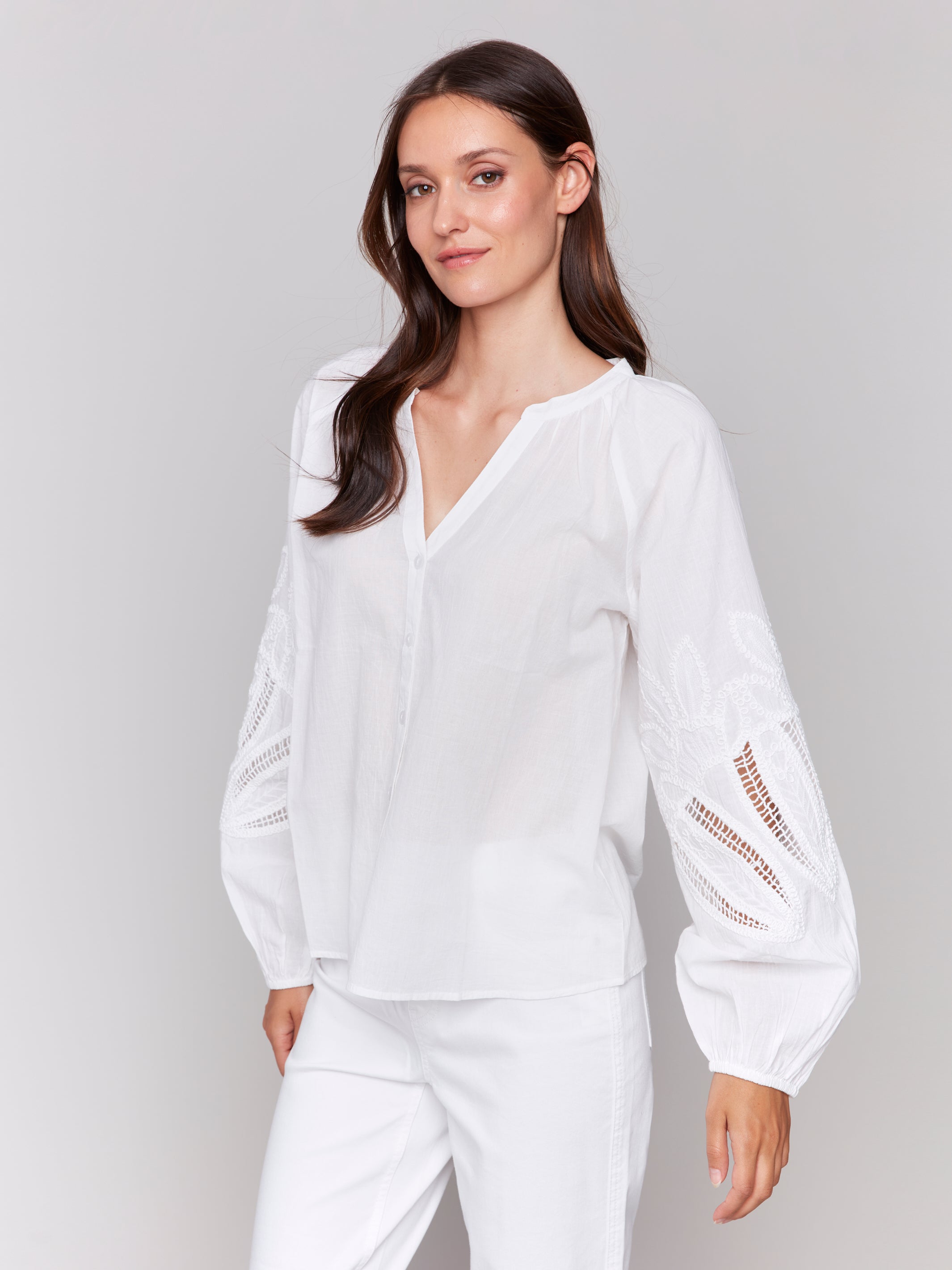 Lace Detail Raglan Sleeve Button Down Blouse White