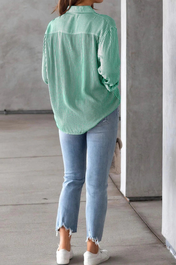Striped Button Up Single Pocket Shirt Green