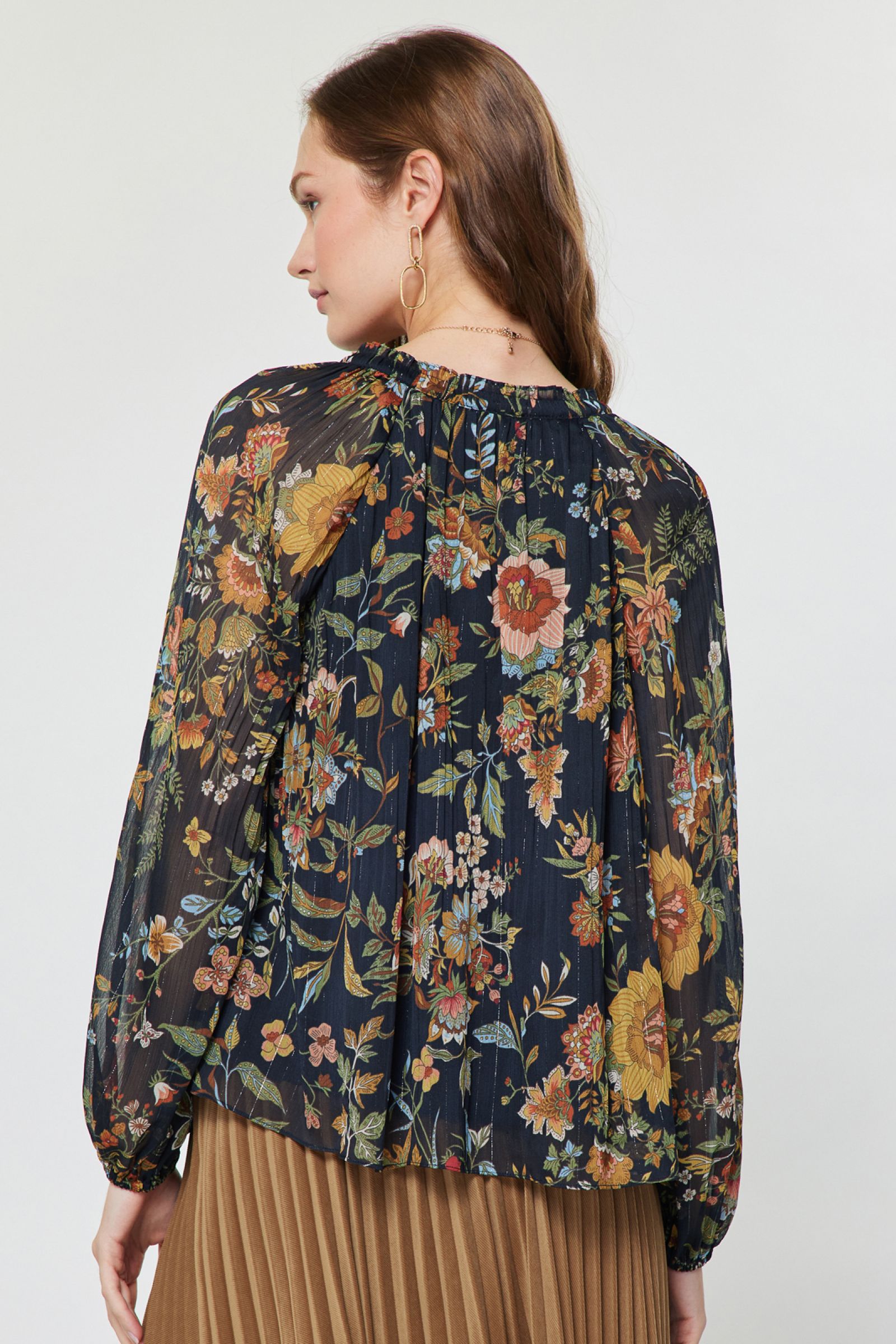 Botanical Floral Printed Shimmer Stripe Blouse Navy Multi
