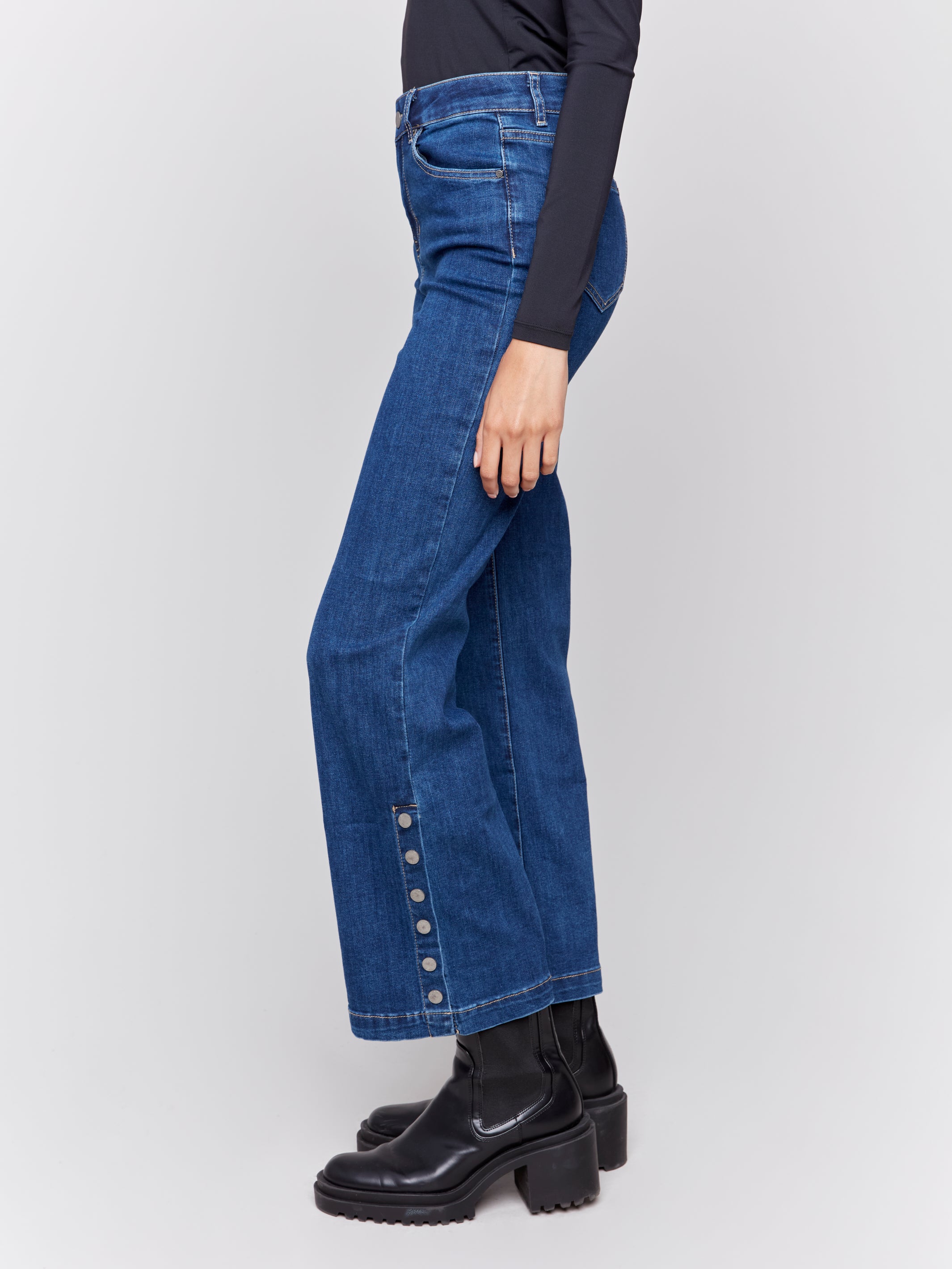 Side Button Flare Leg Jeans Indigo