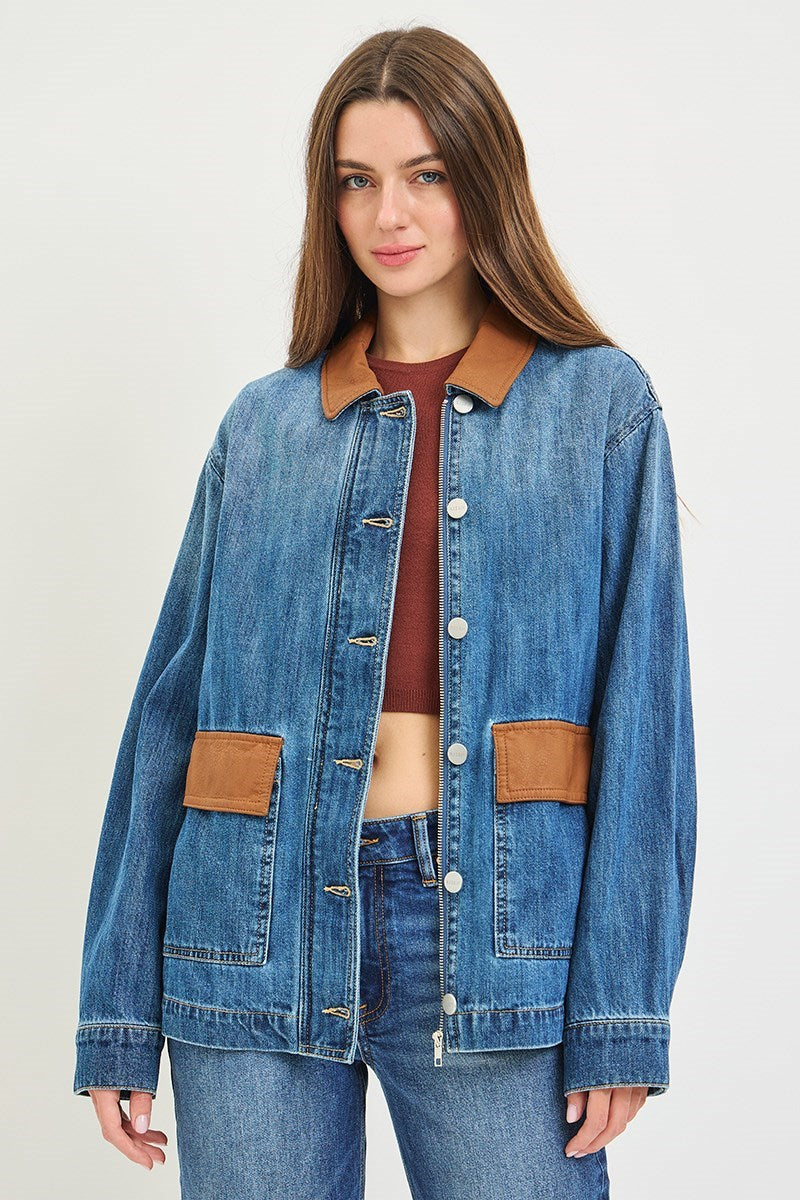 Leather Collar Contrast Oversize Denim Jacket Medium