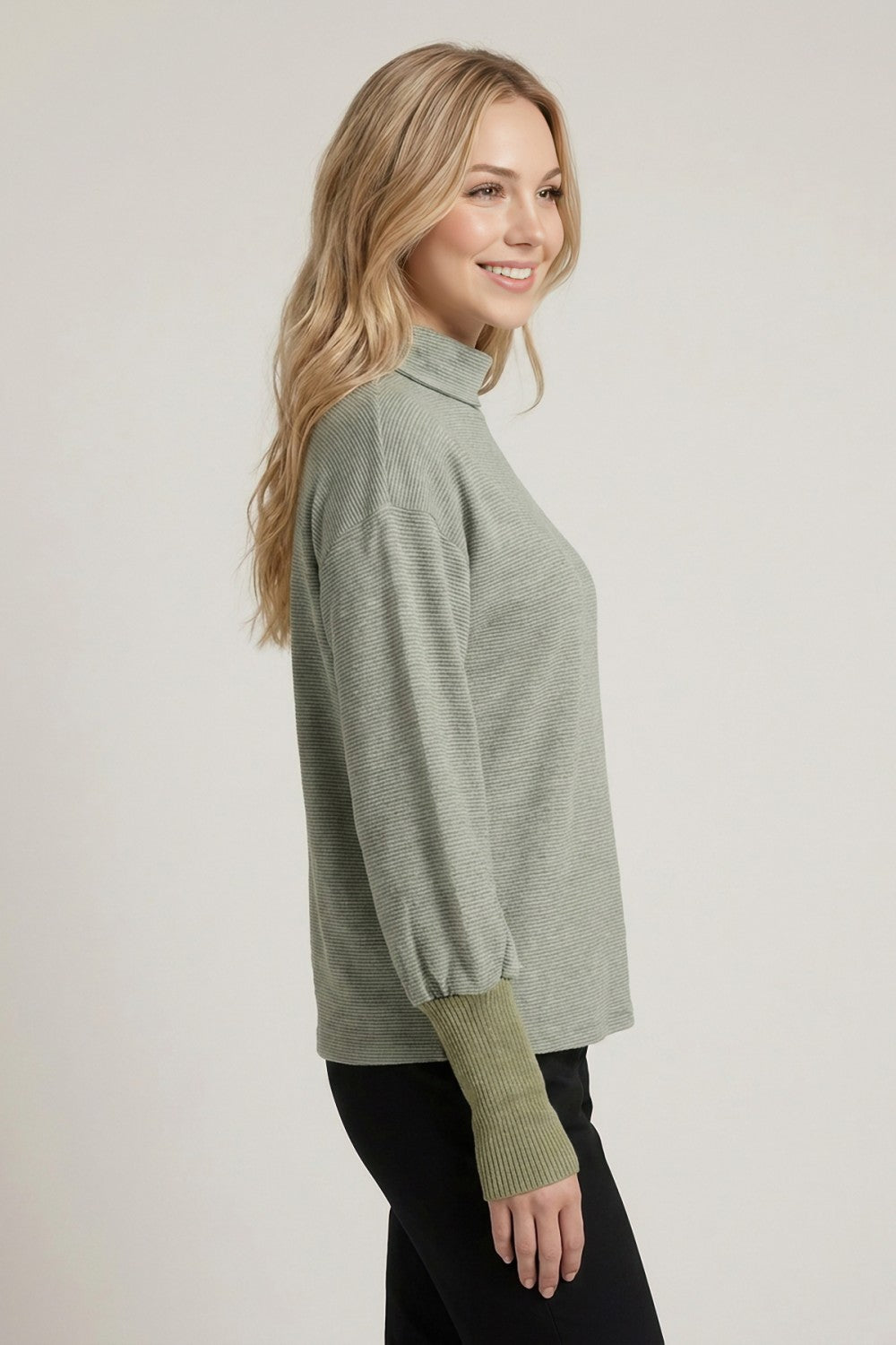 Pinstripe Cowl Mock Neck Long Sleeve Top Dusty Green