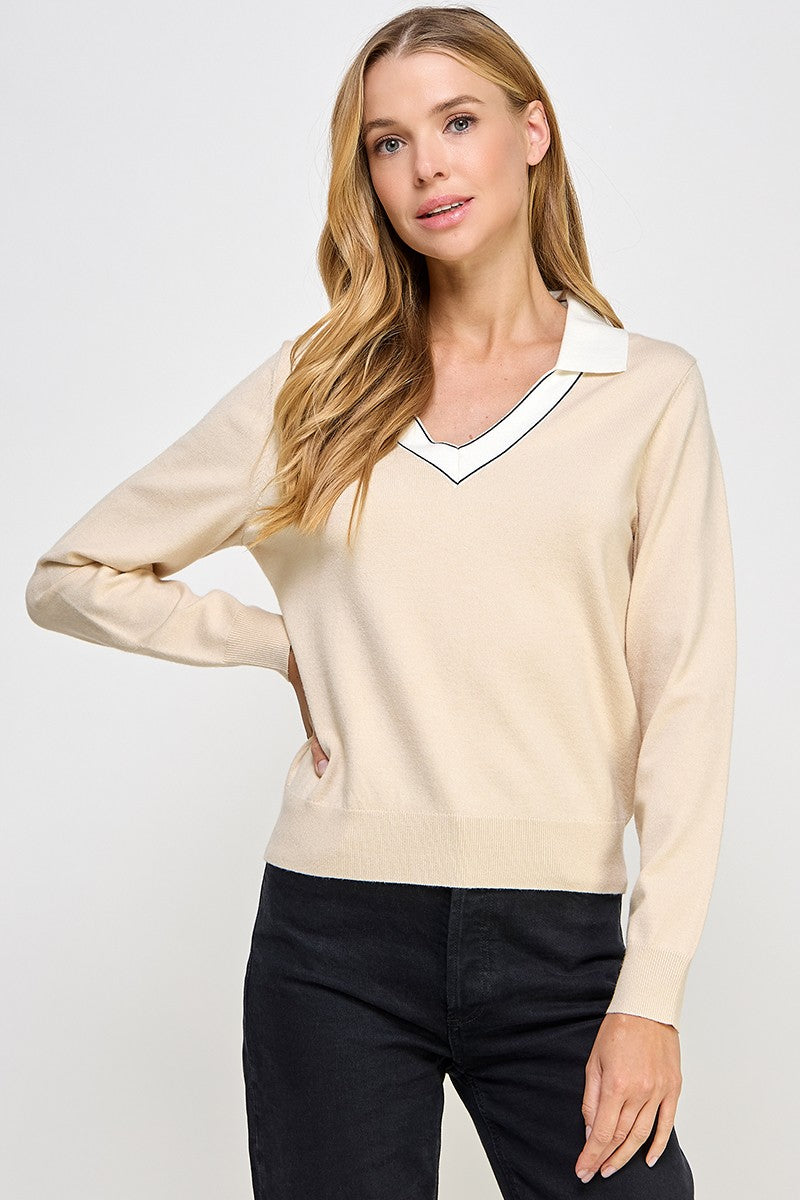 Two Fer Vneck Knit Polo Sweater Cream