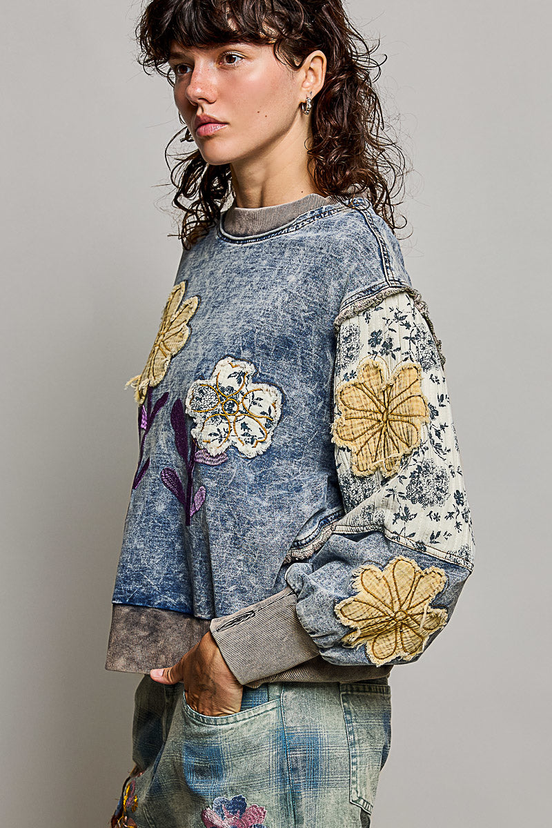 Floral Patch Exposed Seam Shoulder Ruffle Sweatshirt