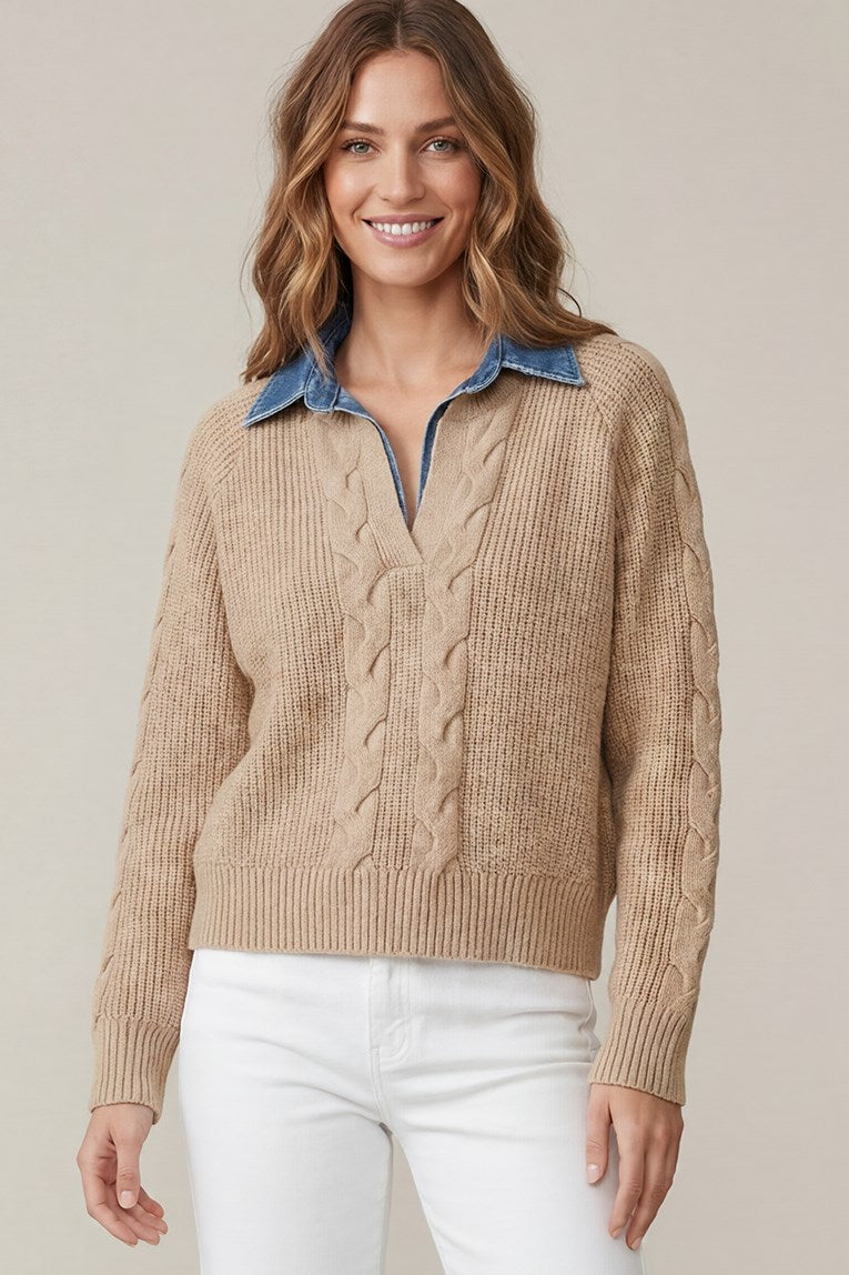 Washed Denim Collared Sweater Top Taupe
