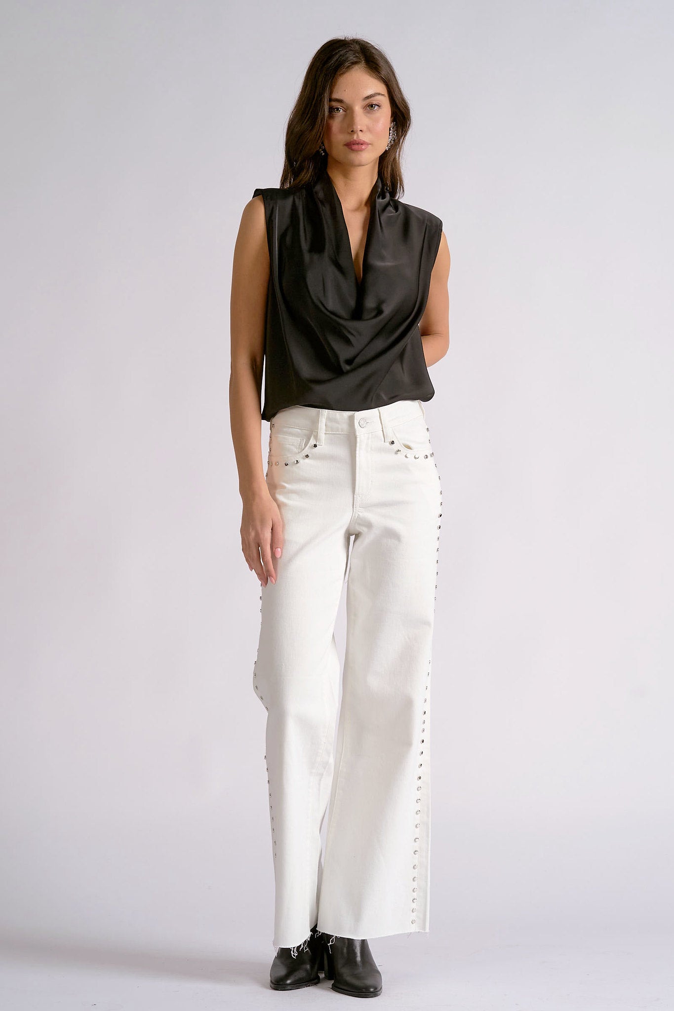 Satin Drape Neck Tank Black