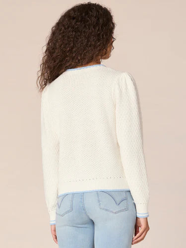 Round Neck V Yoke Stitch Mix Sweater Off White + Sky Blue