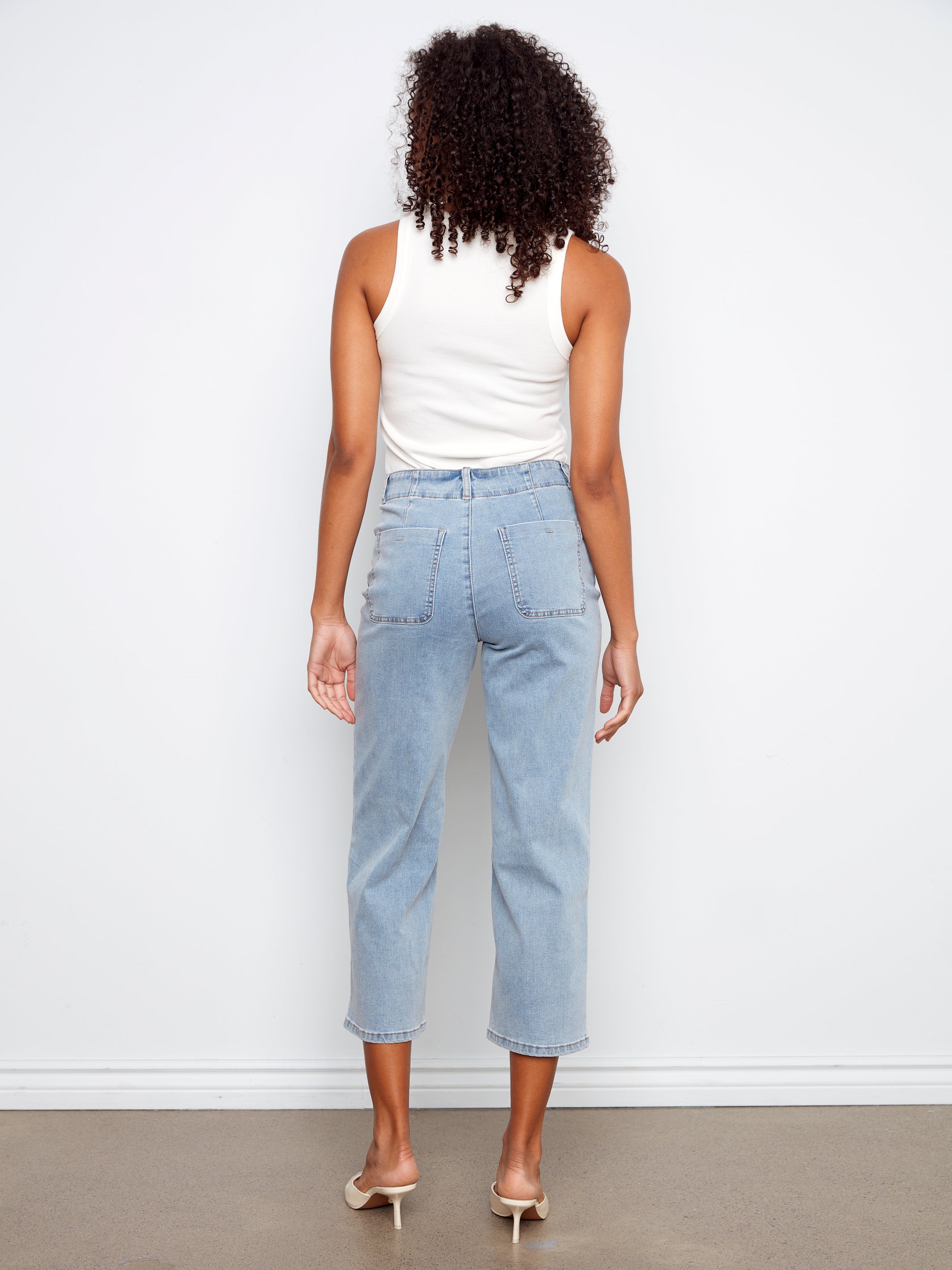 Flex Front Button Fly Straight Crop Pants Light Blue