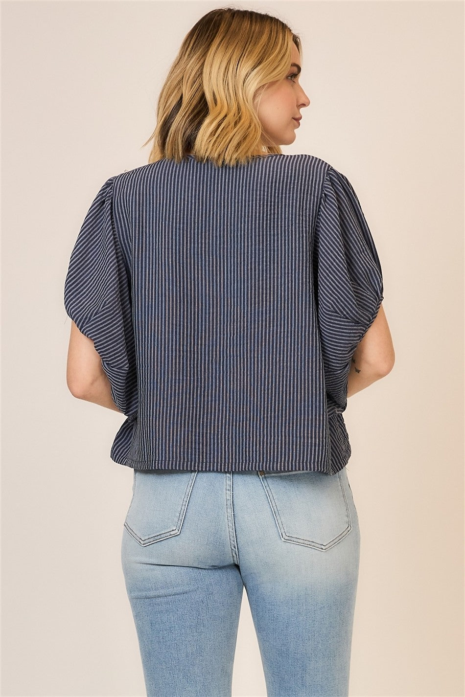 Striped Dolman Neck Tie Balloon Sleeve Top Navy
