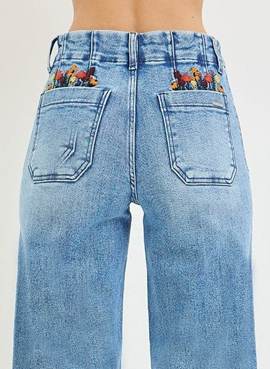 Embroidered Garden Floral Back Pocket Wide Leg Jeans - Medium