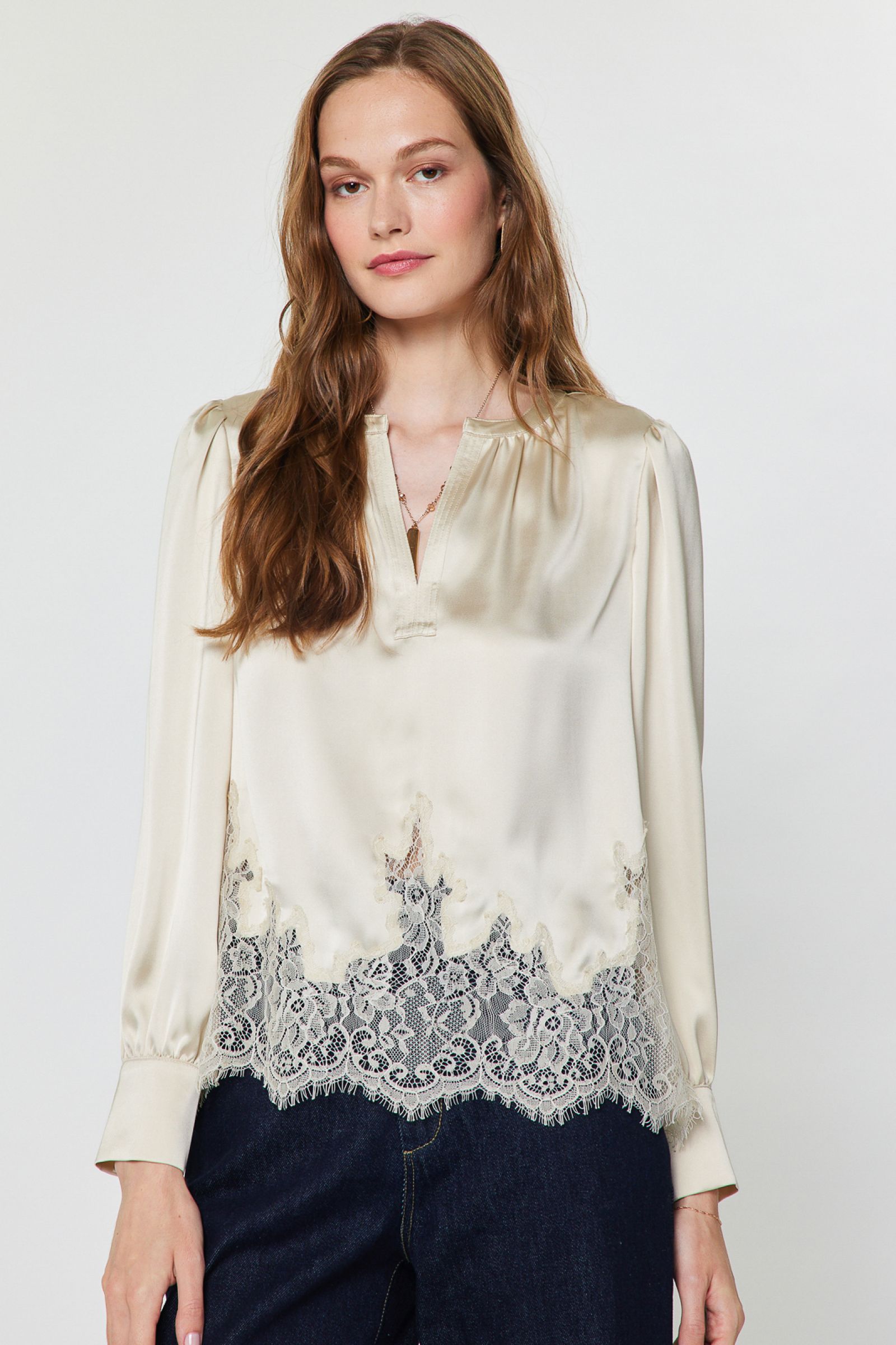 Lace Trim Satin Long Sleeve Blouse Ecru