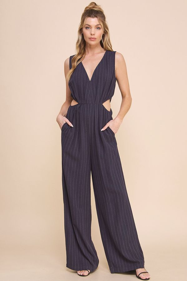 Pinstripe Linen Cut Out Vneck Jumpsuit Navy Stripe