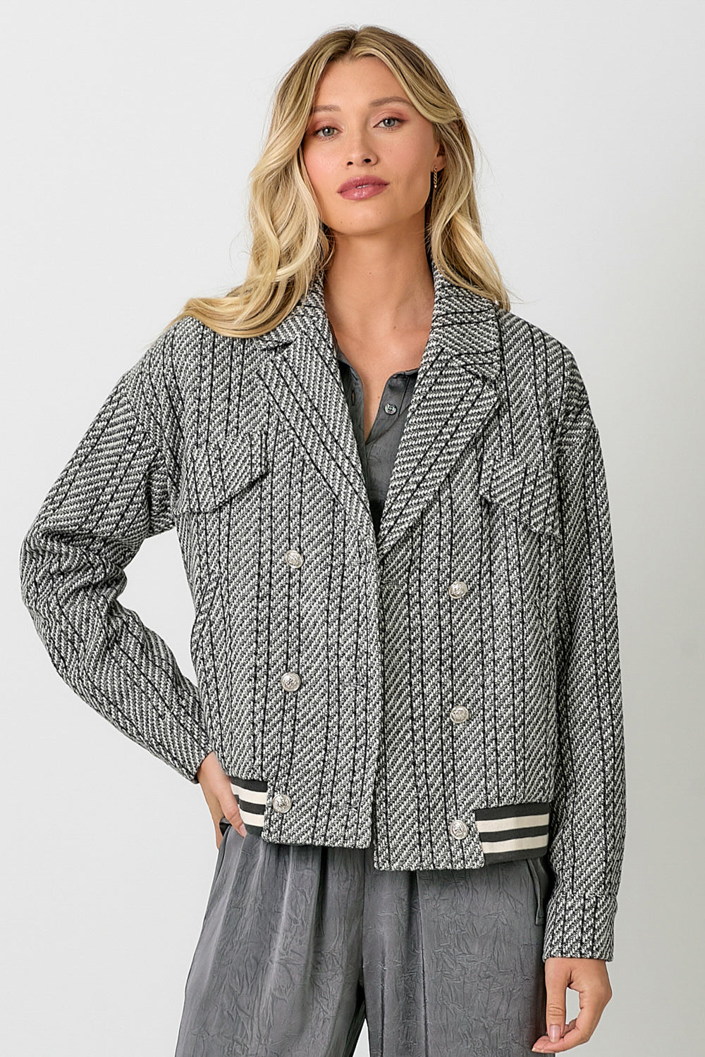 Double Breasted Stripe Bomber Jacket Charcoal