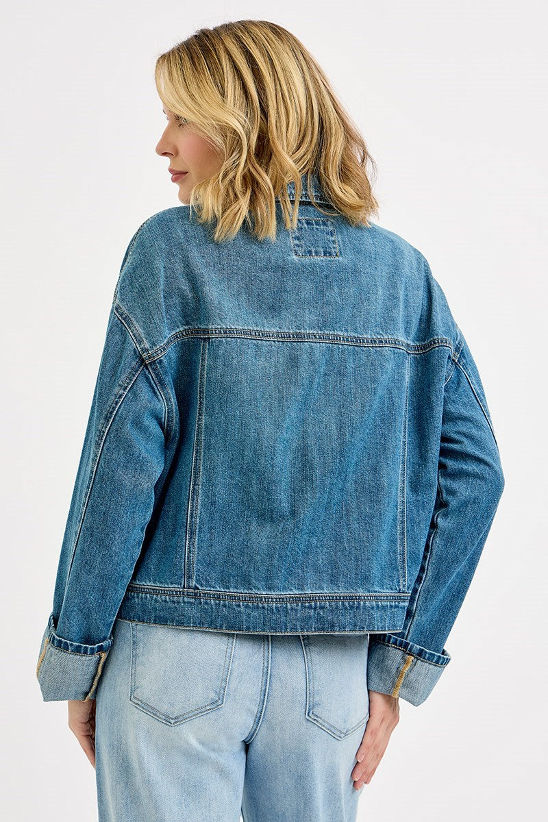 Oversized Cargo Pocket Cuffed Sleeve Denim Jacket Medium
