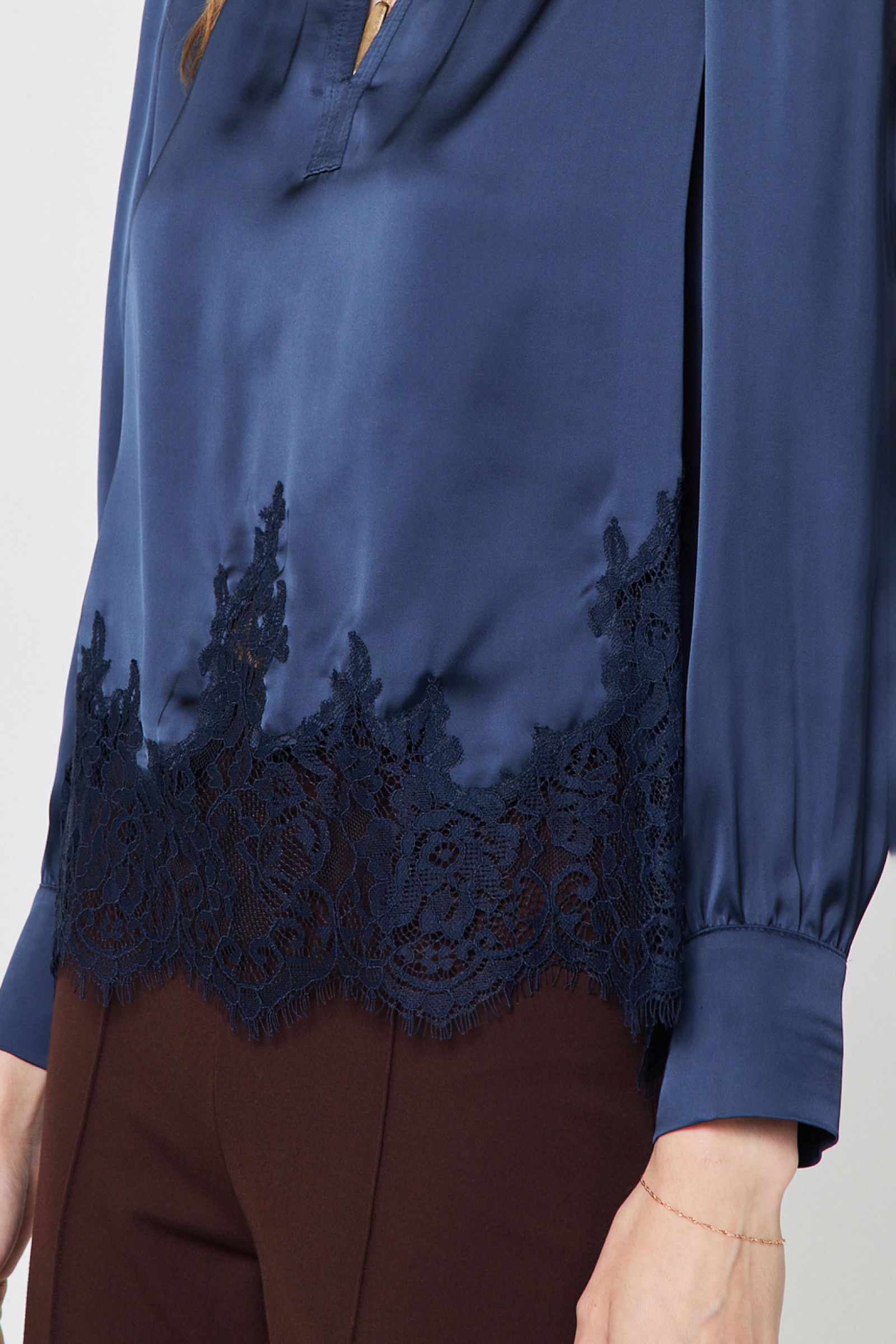 Lace Trim Satin Long Sleeve Blouse Navy