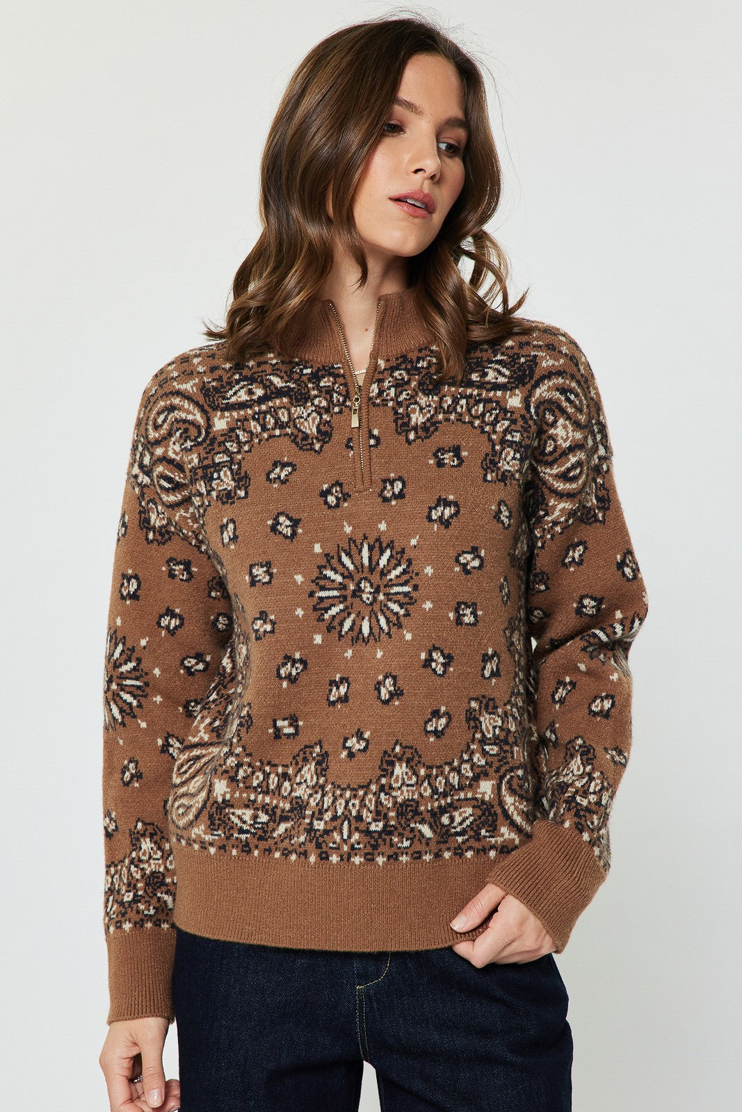 Paisley Quarter Zip Printed Sweater Caramel