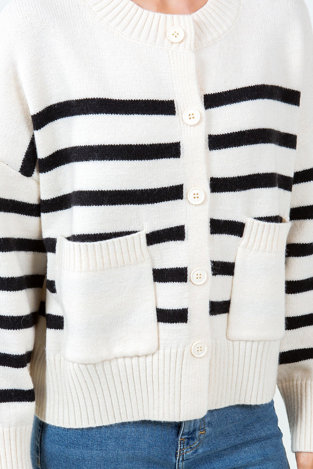 Striped Button Down Front Pocket Cardi Ivory