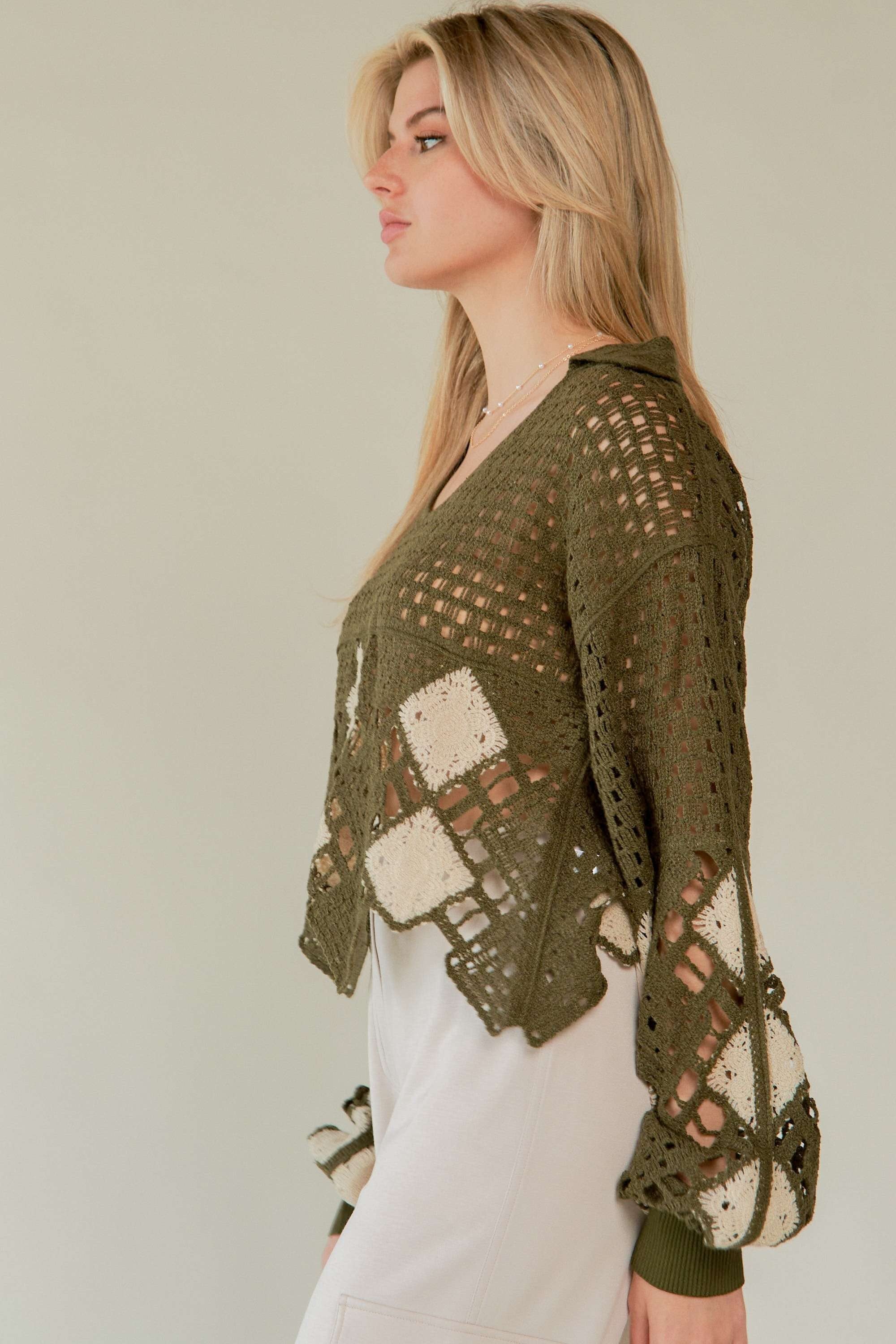 Crochet V Neck Long Sleeve Knit Top Olive