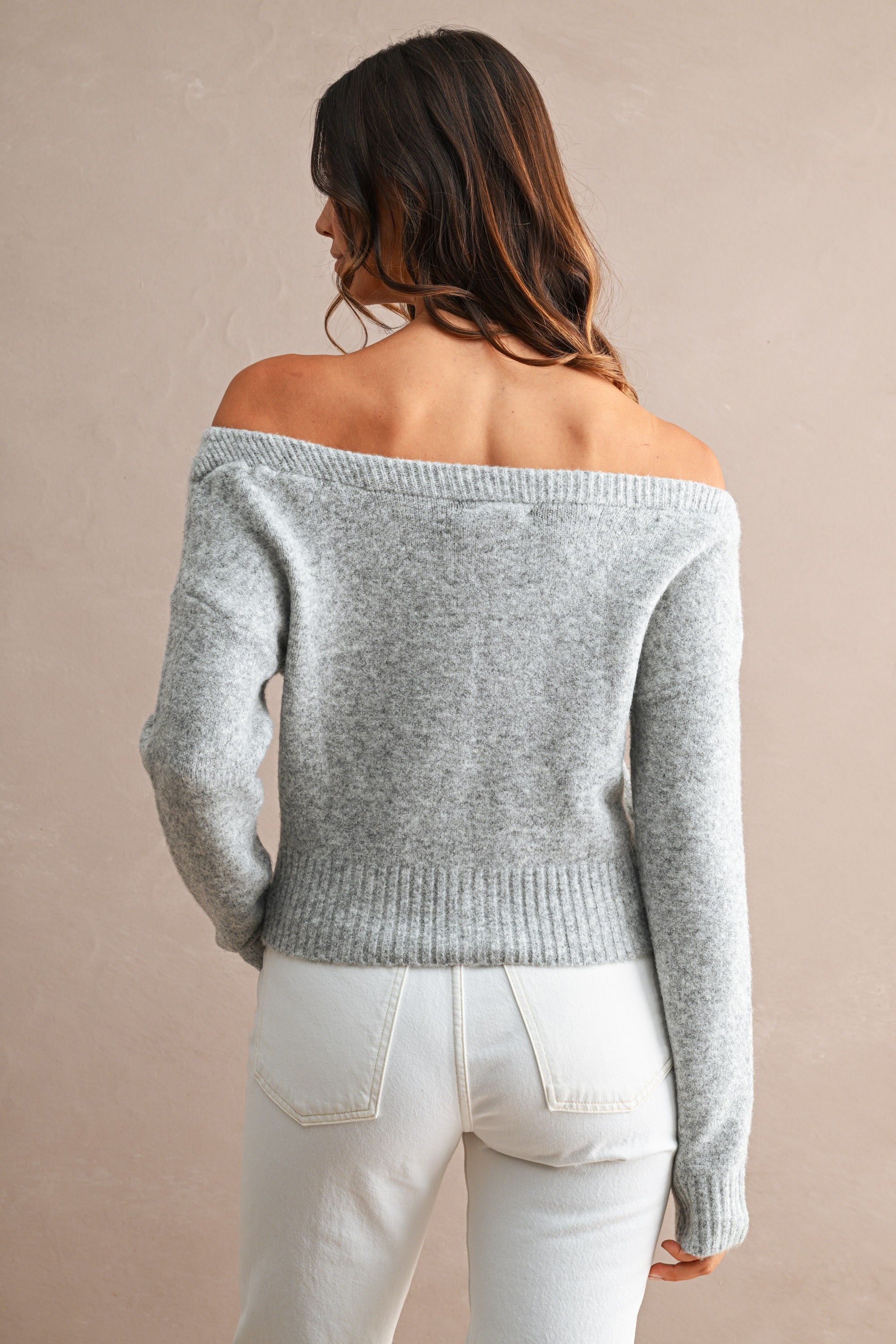 Off Shoulder Cropped Button Sweater Cardi Heather Grey