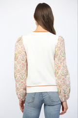 Contrast Botanical Print Buff Sleeve Sweater Top Cream