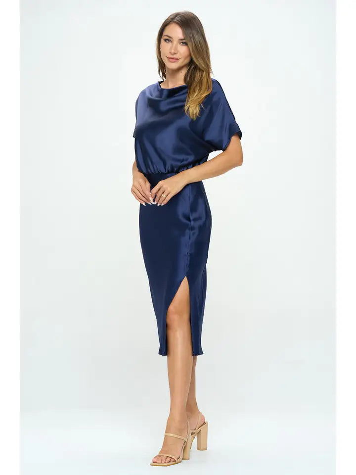 Satin Stretch Midi Skirt Slit Dress Navy