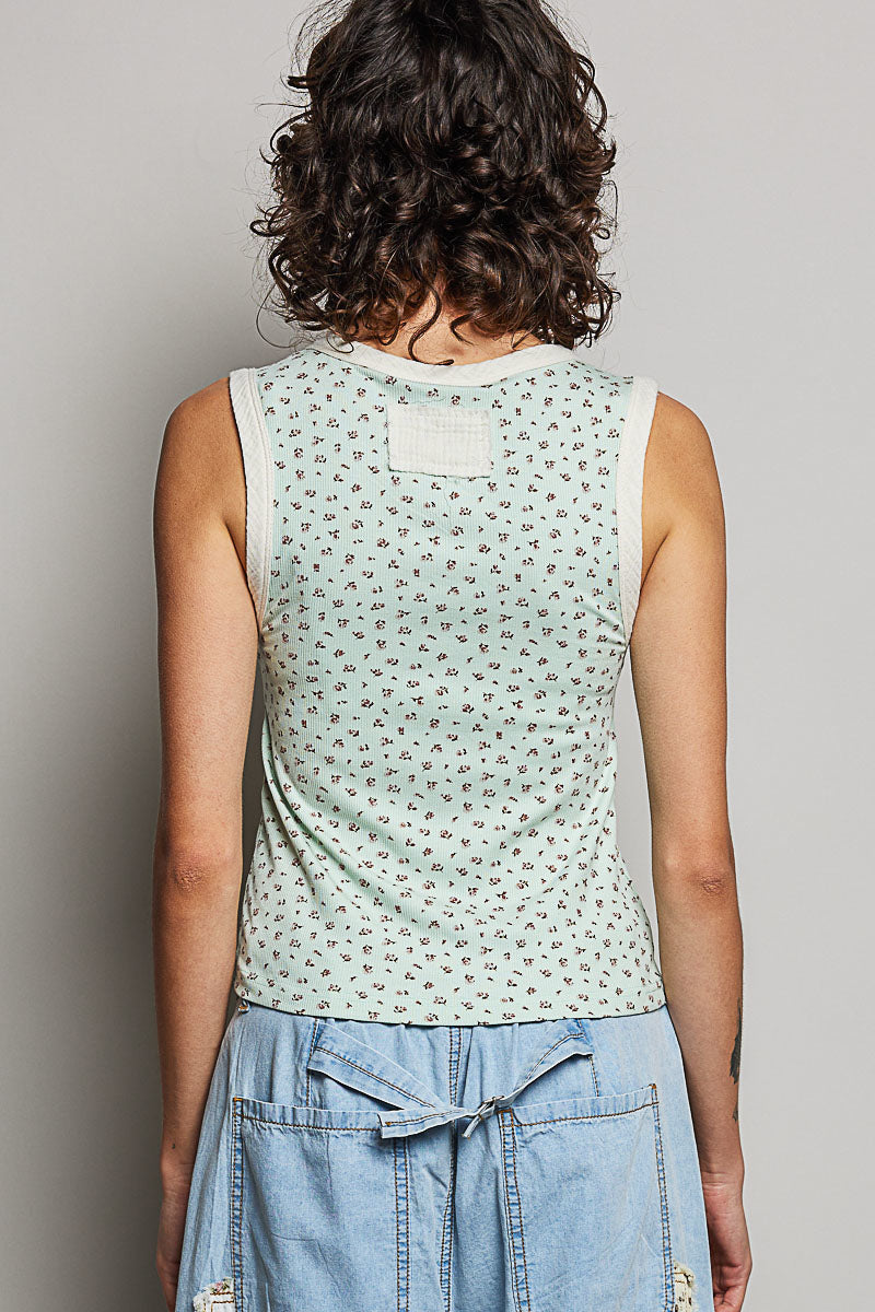 Vintage Mini Floral Henley Tank Mint