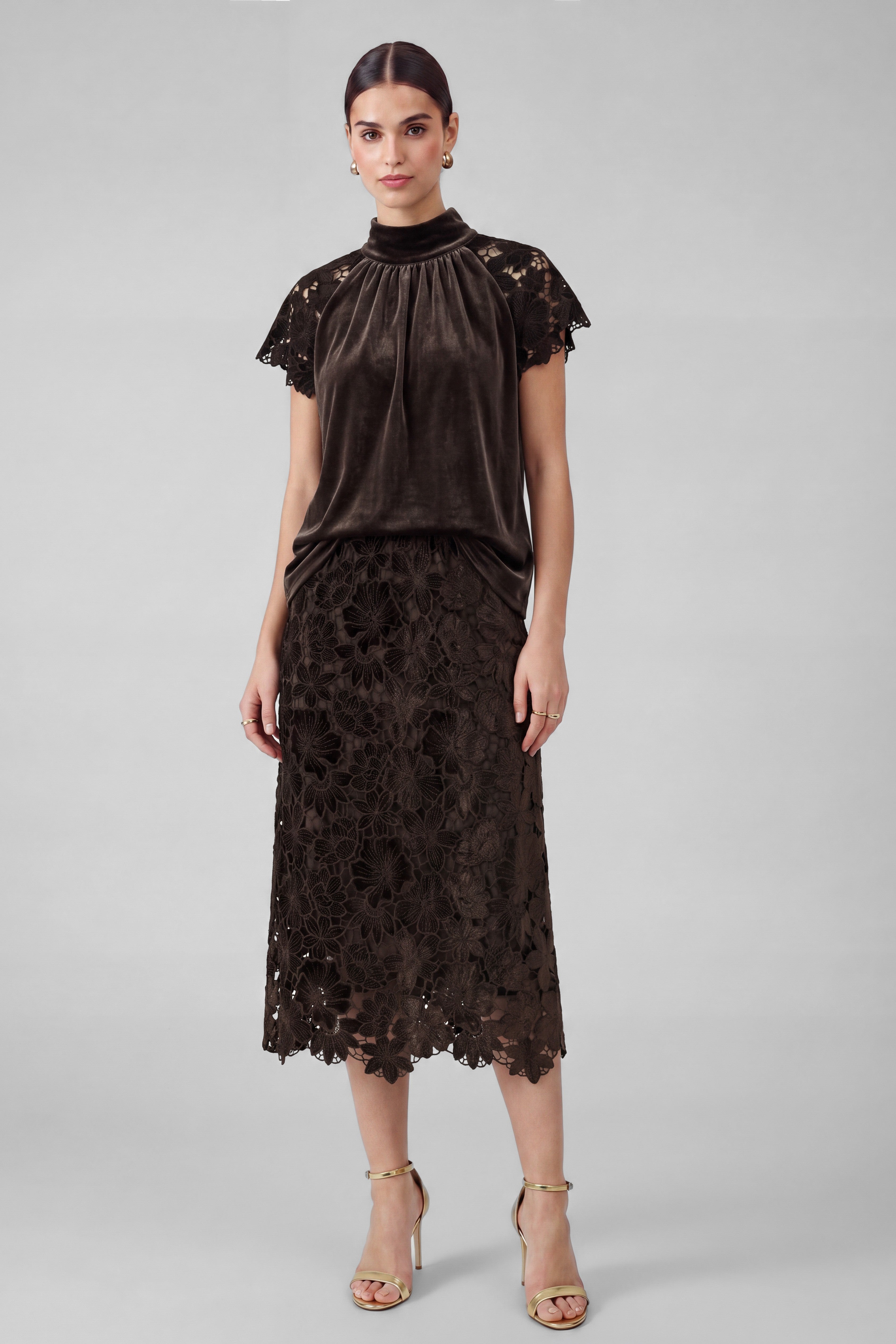 Mock Neck Velvet Floral Lace Cap Sleeve Top Dark Brown