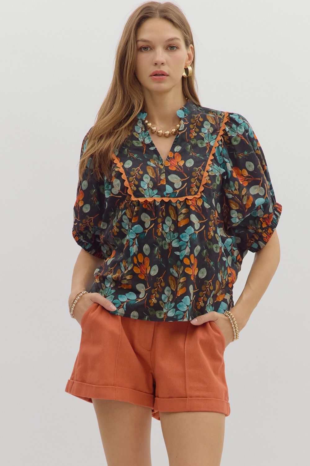 Botanical Print Band Collar Scallop Detail Dolman Top Black