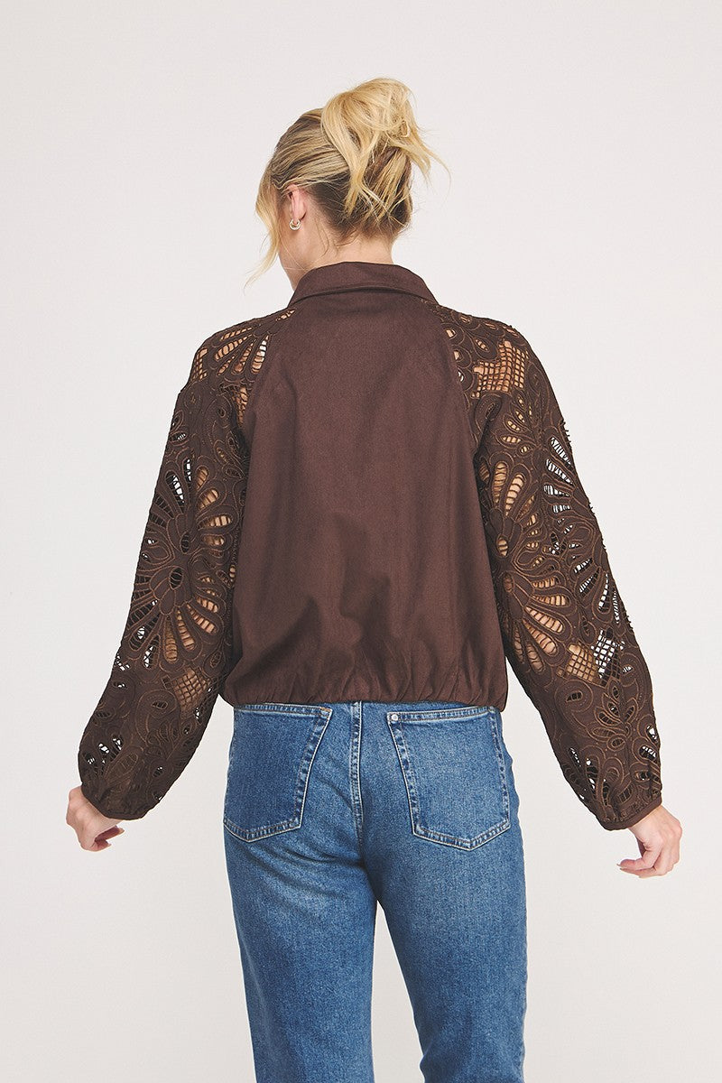 Lace Sleeve Suede Bomber Jacket Chocolate
