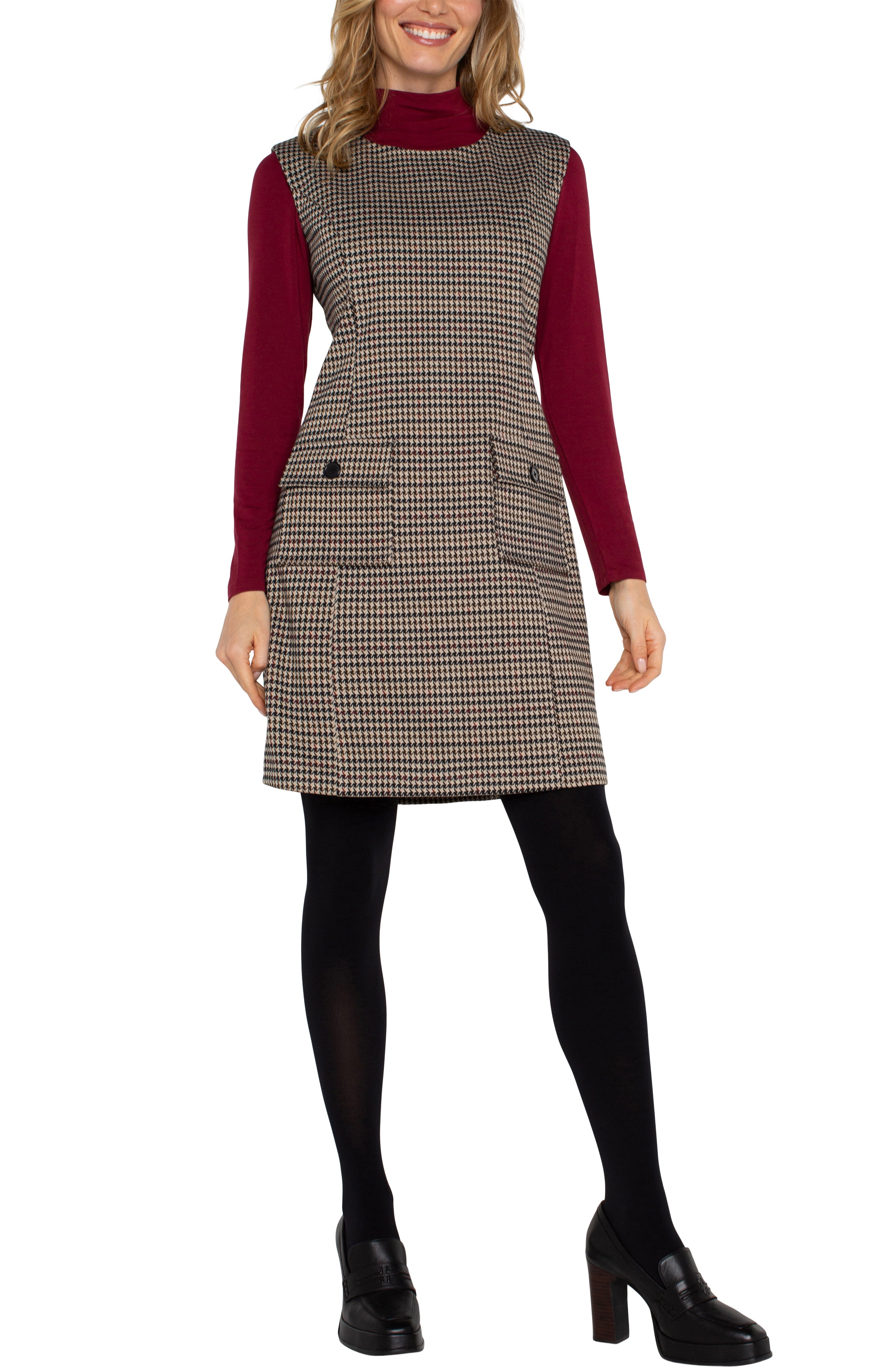 Sleeveless Front Pockets Shift Dress Black + Tan Houndstooth