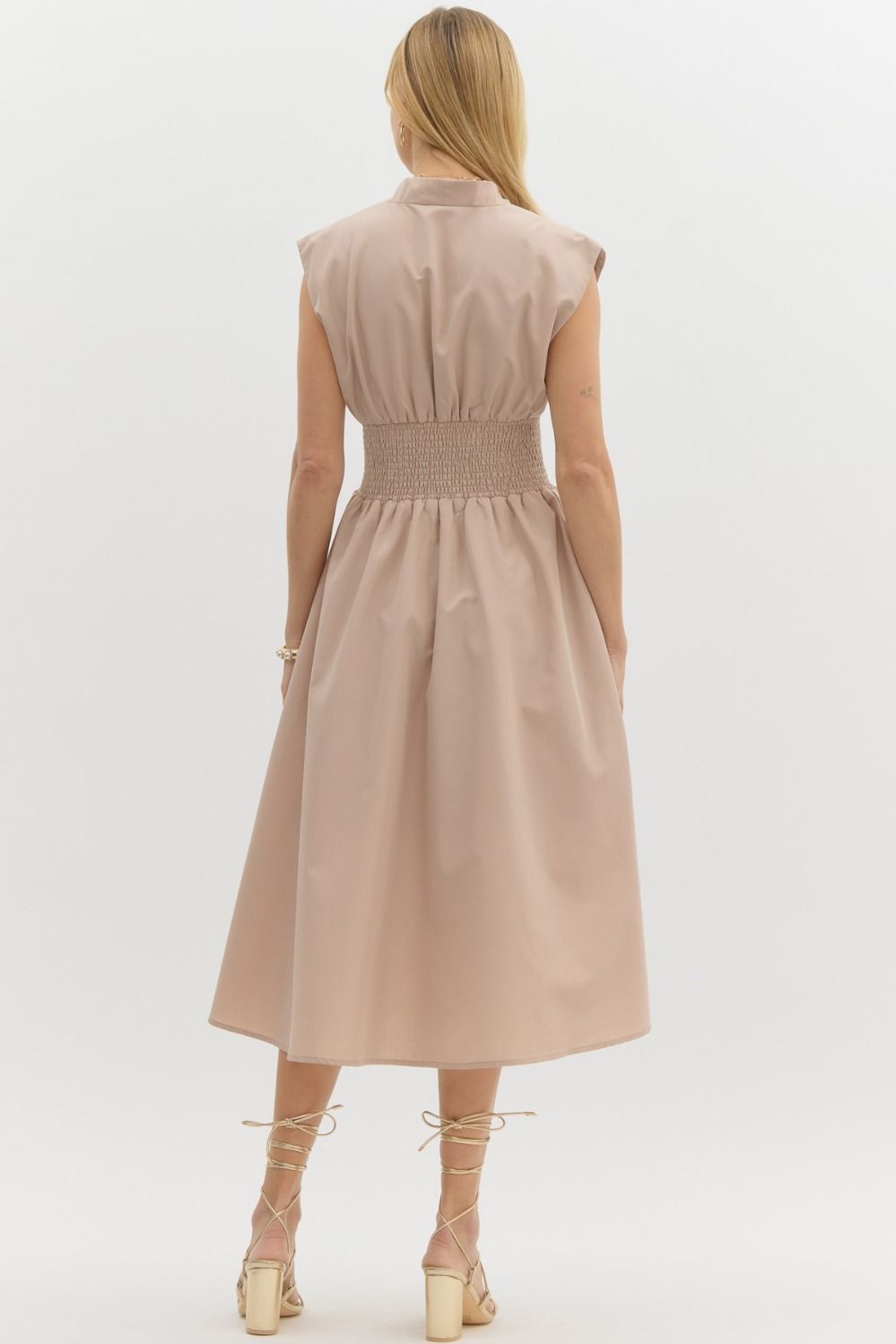 Vneck Sleevless Zipper Closure Midi Dress Latte