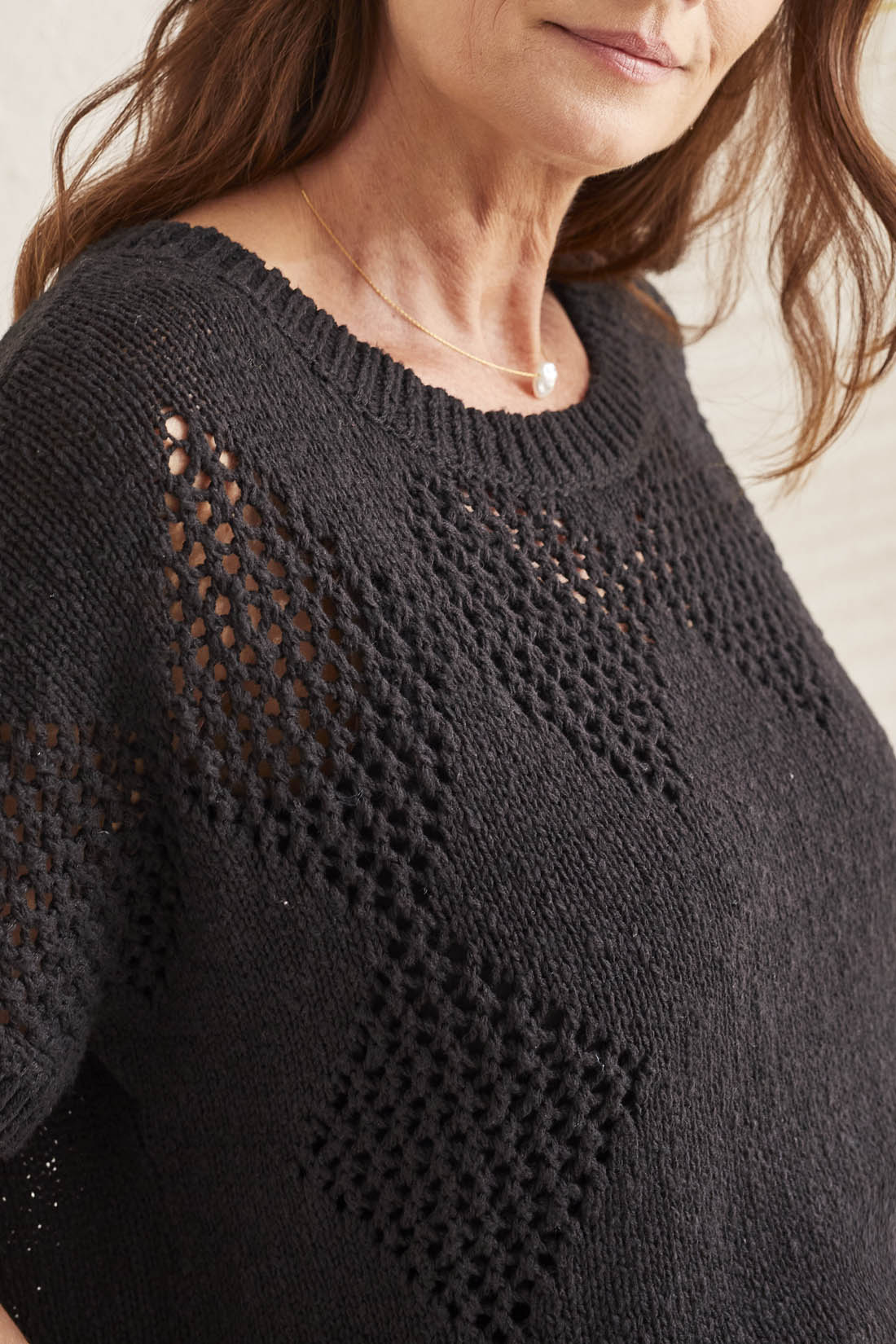 Crochet Detail Dolman Short Sleeve Sweater Black