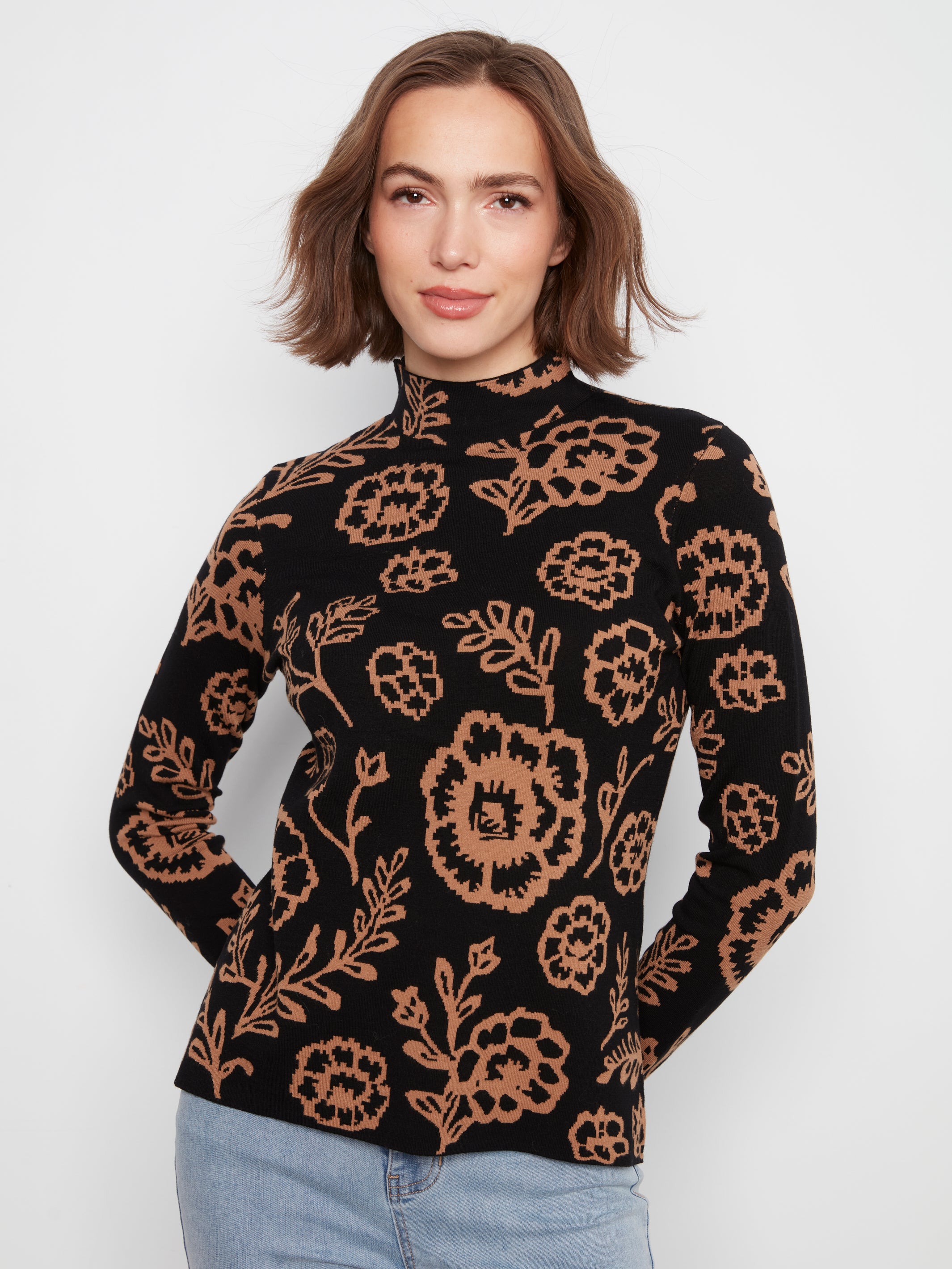 Contrast Floral Reversible Mock Neck Sweater Ember