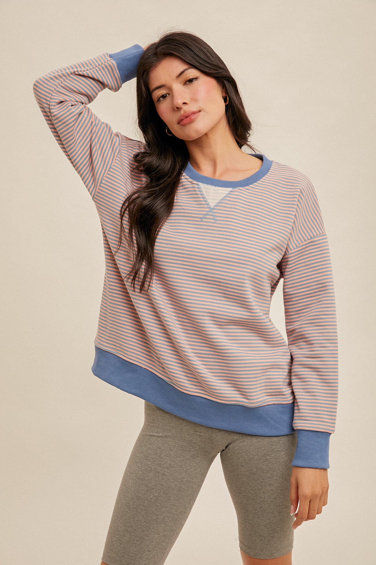 Striped Oversize Crew Neck Sweatshirt Ocean Blue + Coral