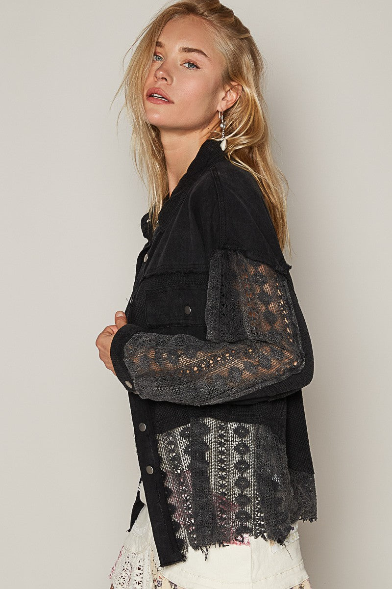 Oversize Crochet Lace Contrast Button Down Jacket Black