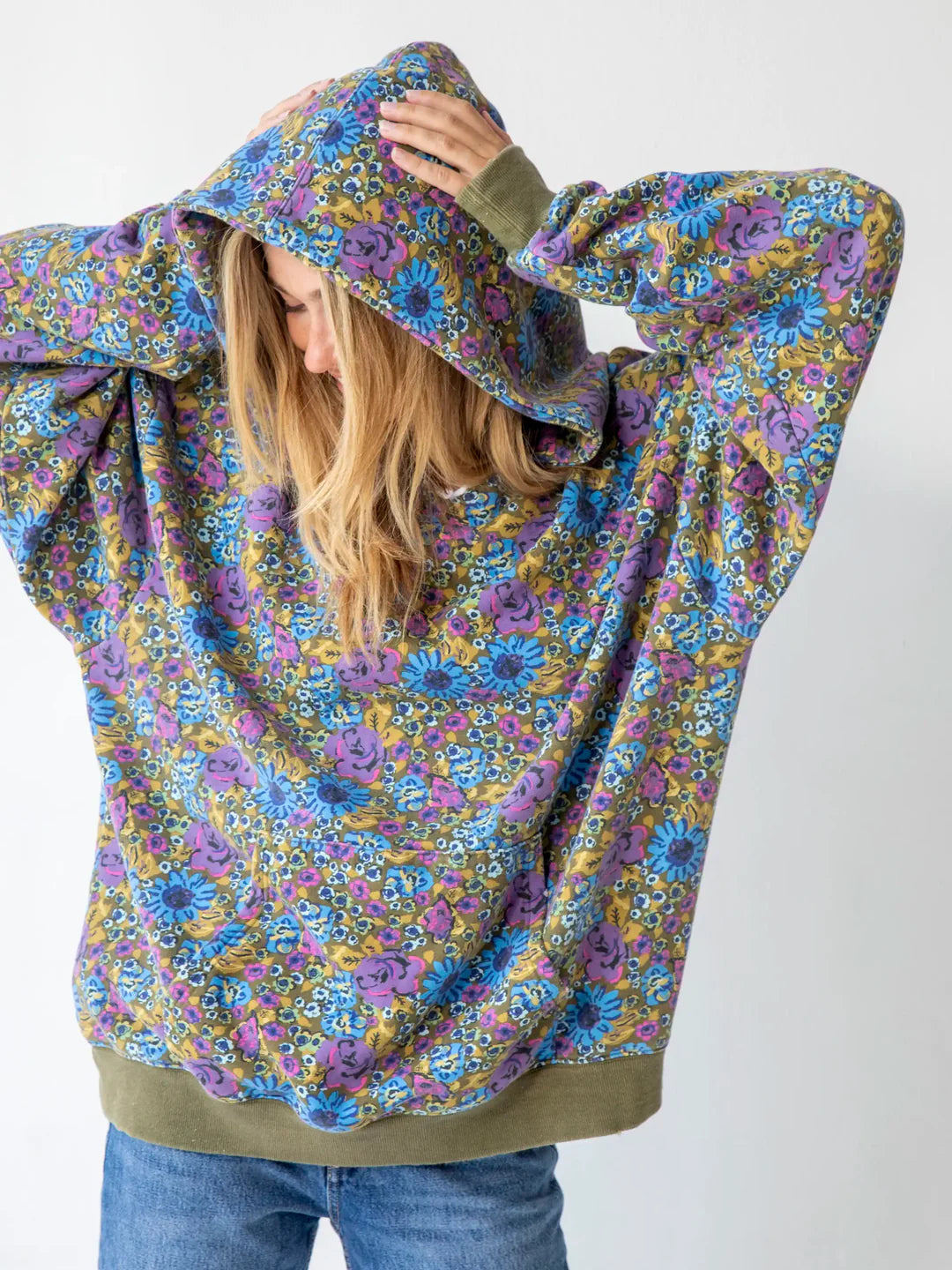 Oversized Printed Hoodie Blue Purple Daisy