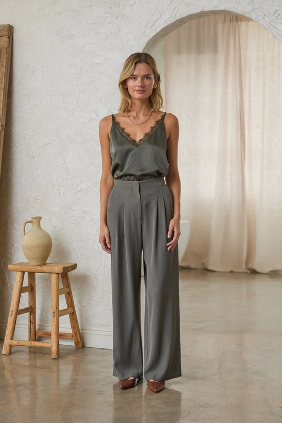 Lace Trim Satin Cami Tank Dark Olive