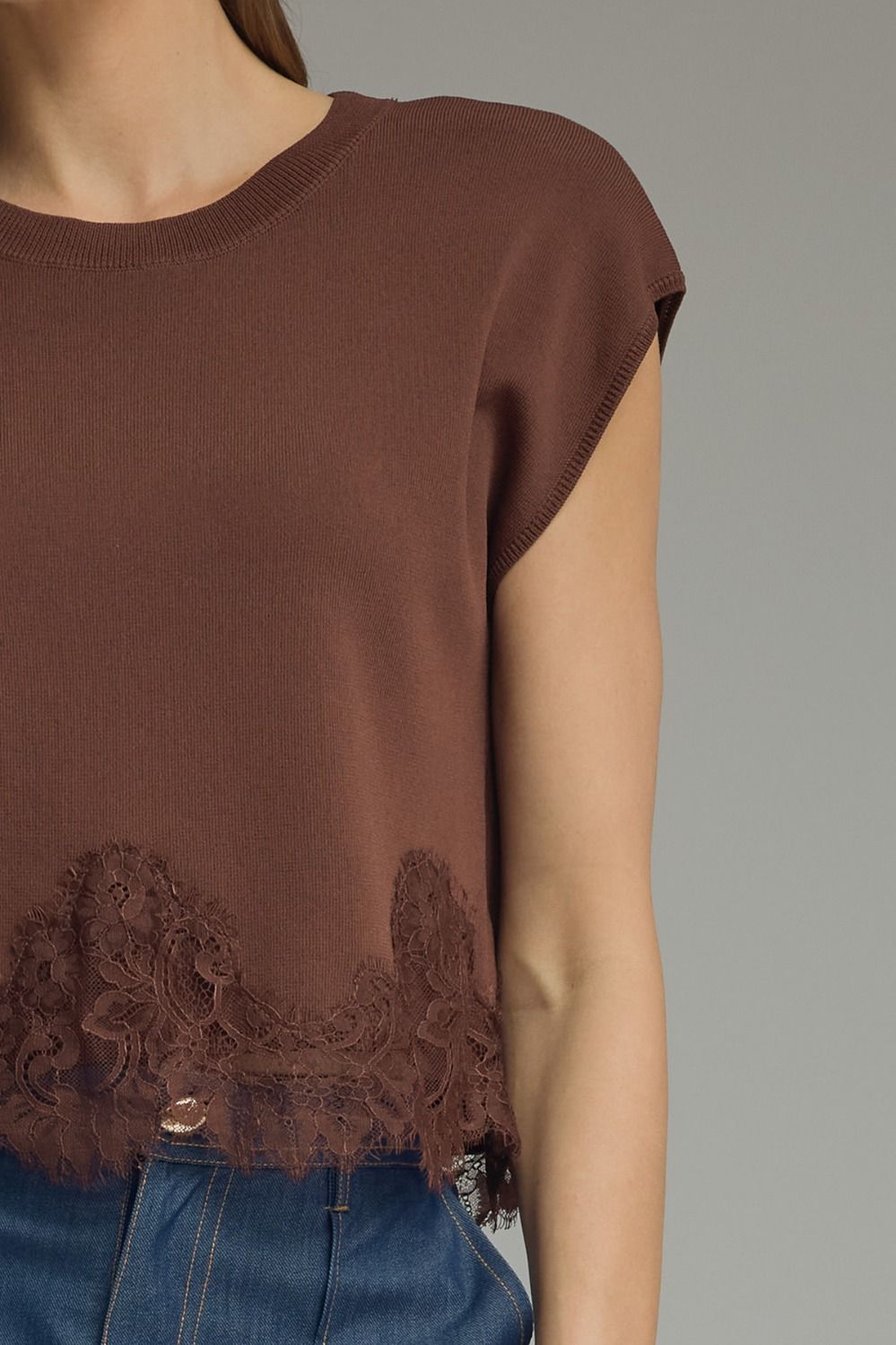 Cap Sleeve Knit Lace Hem Top Brown