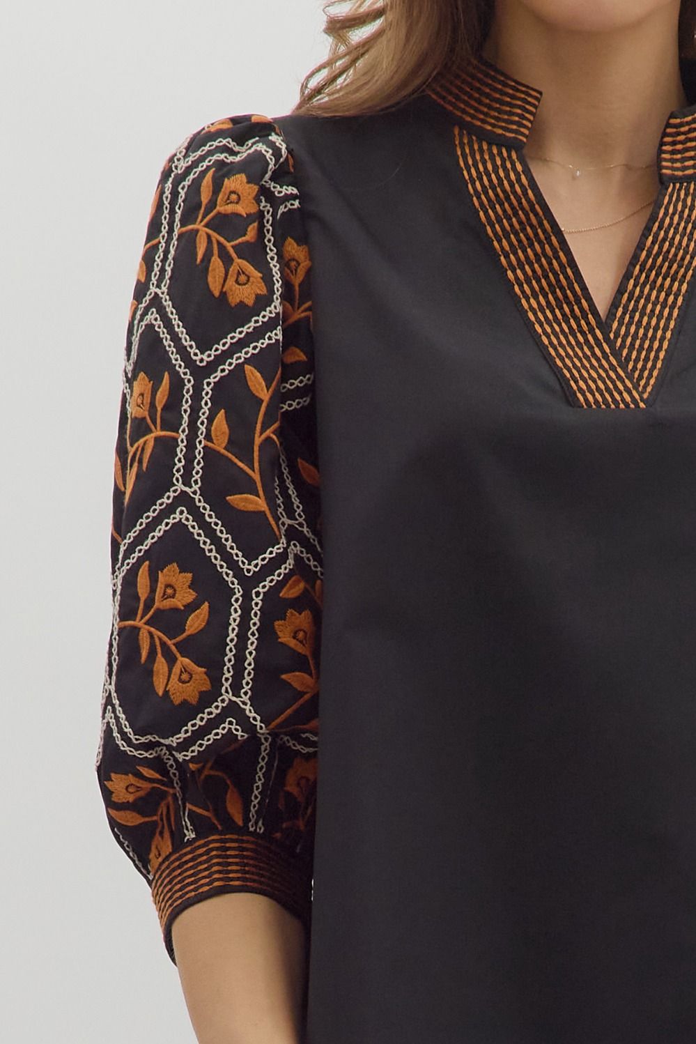 Floral Pattern 3/4 Embroidered Details Top Black