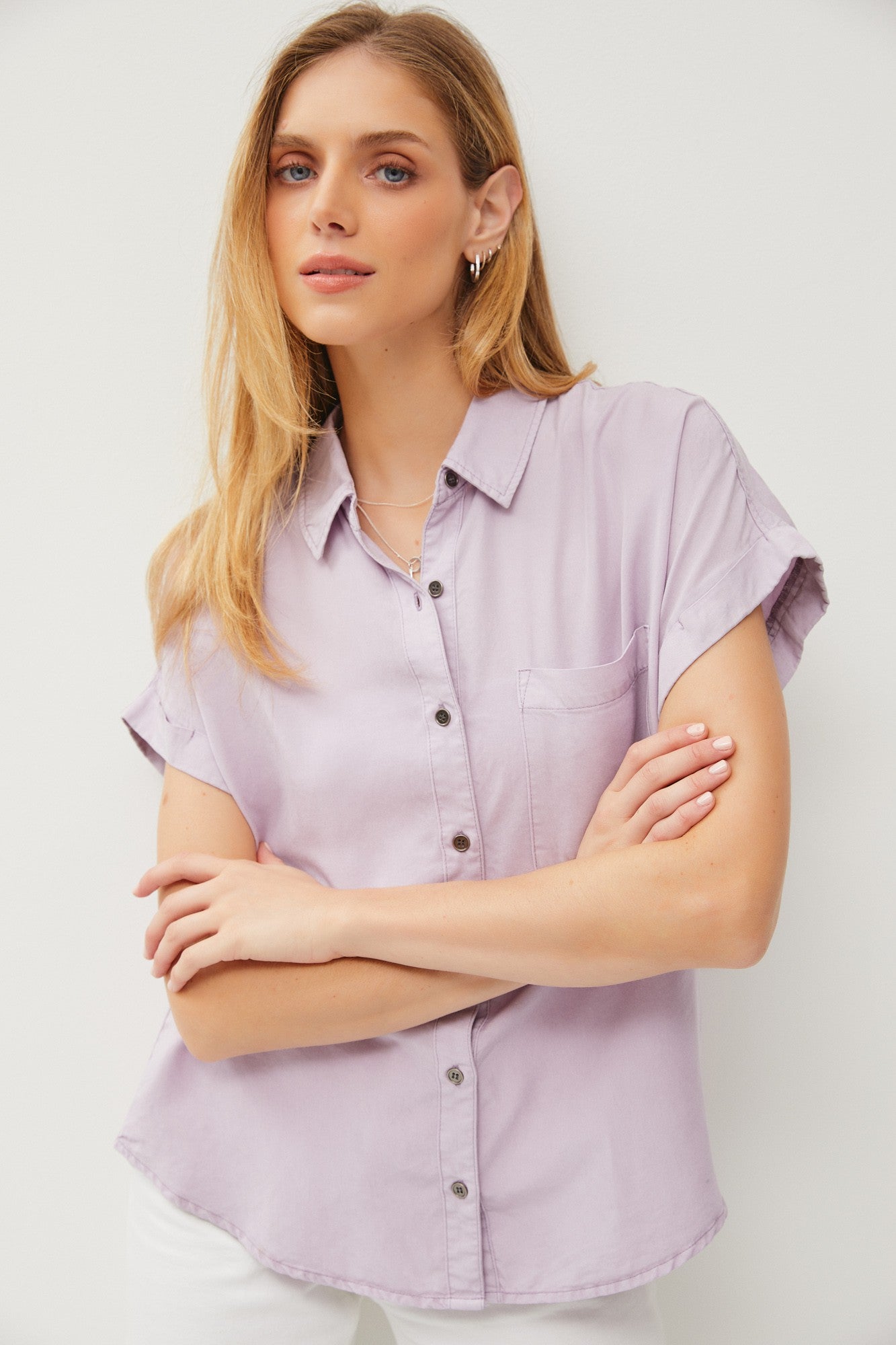 Tencel Short Sleeve Button Down Shirt Lavender