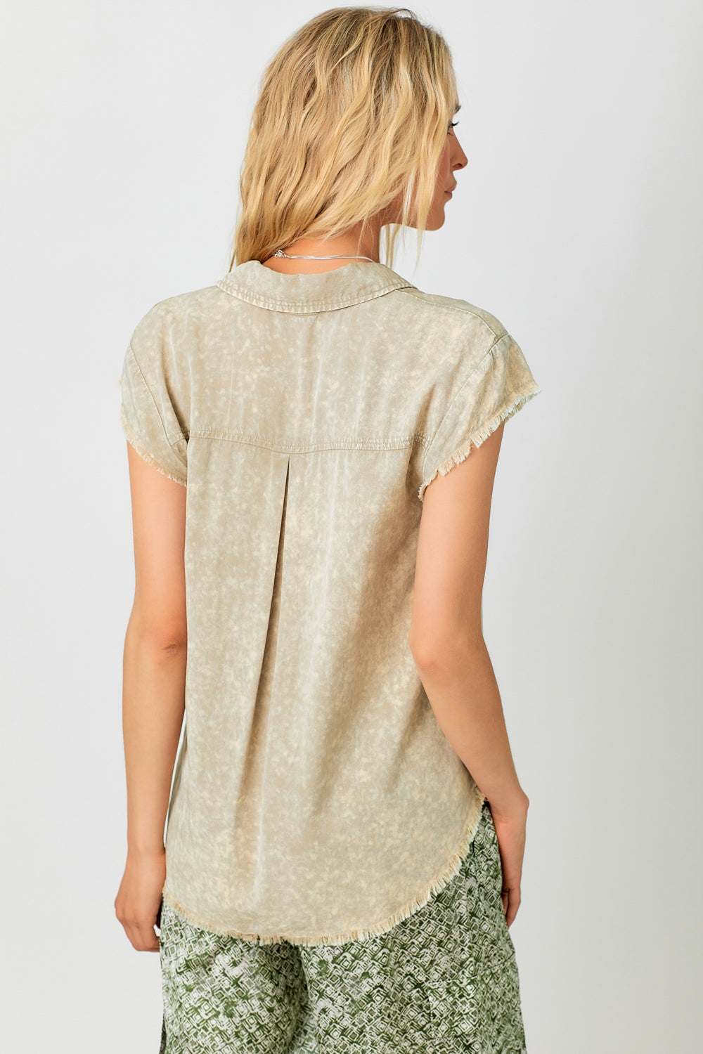 Frayed Cap Sleeve Washed Button Down Shirt Sand