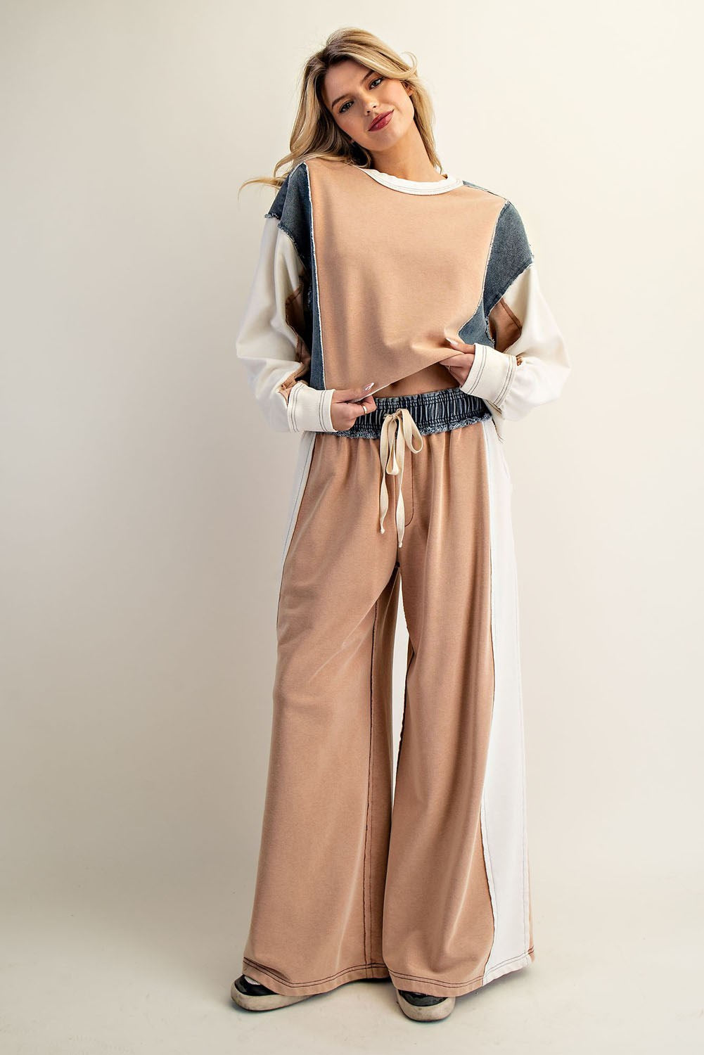 Color Block Denim Drawstring Pants Cinnamon
