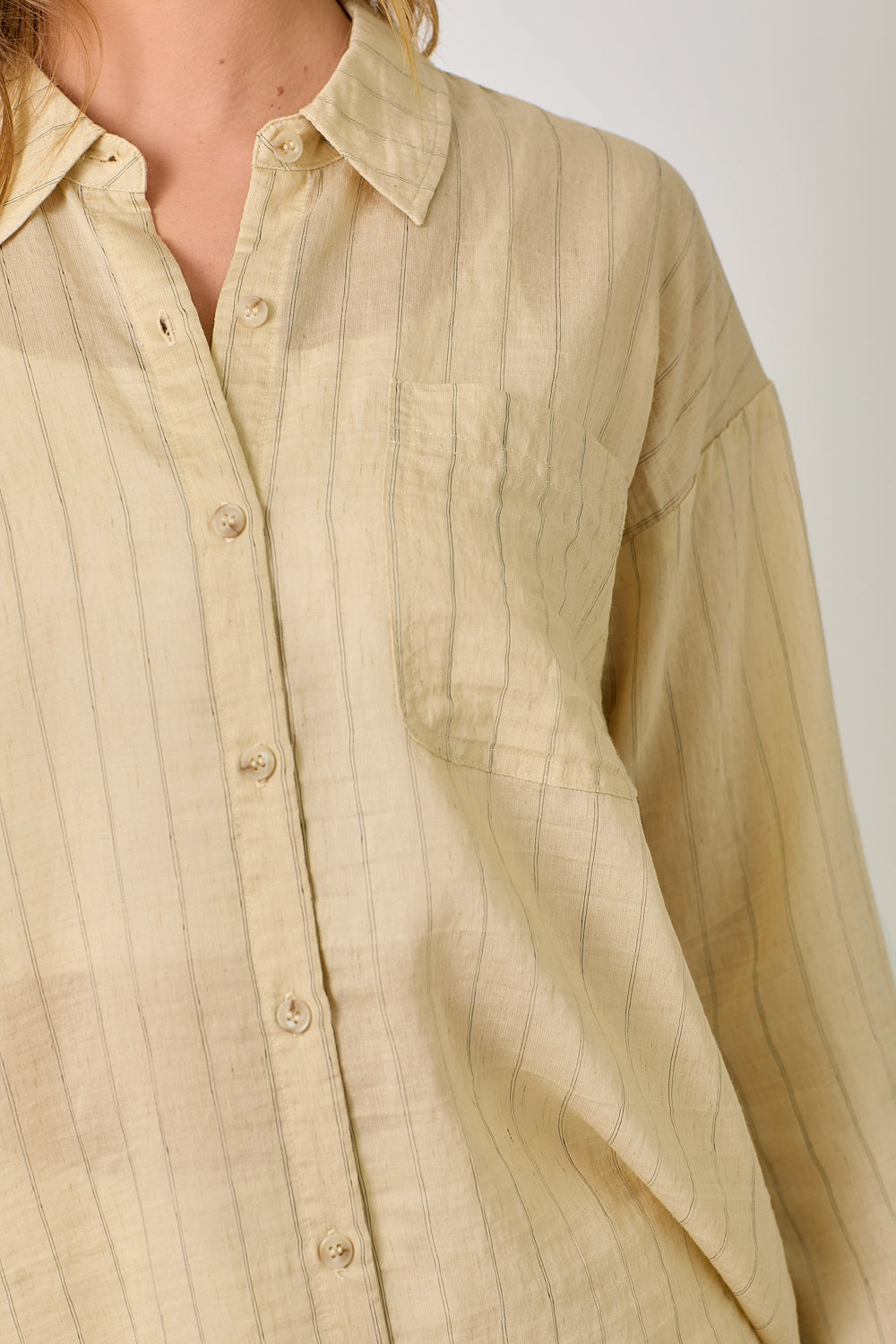 Pinstripe Single Pocket Button Down Shirt Milk Tea