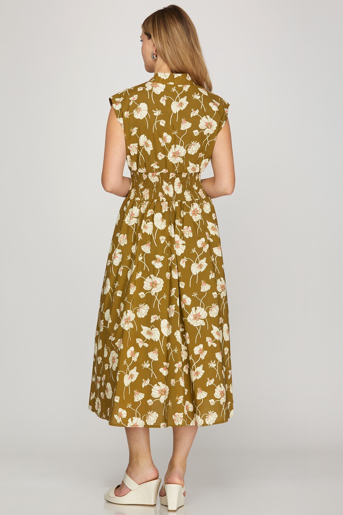 Botanical Poppy Smock Detail Zip Midi Dress Olive