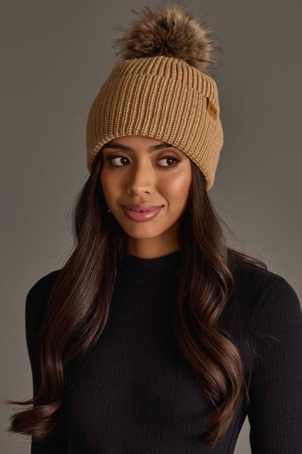 Solid Ribbed Knit Pom Hat Tan