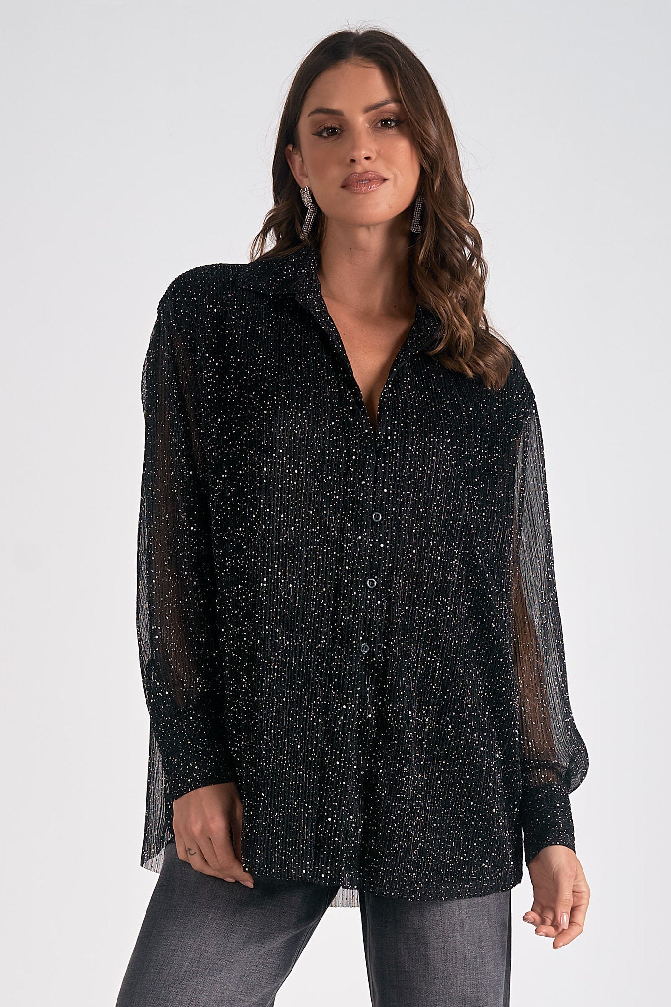 Textured Stripe Glitter Button Down Shirt Black Specs