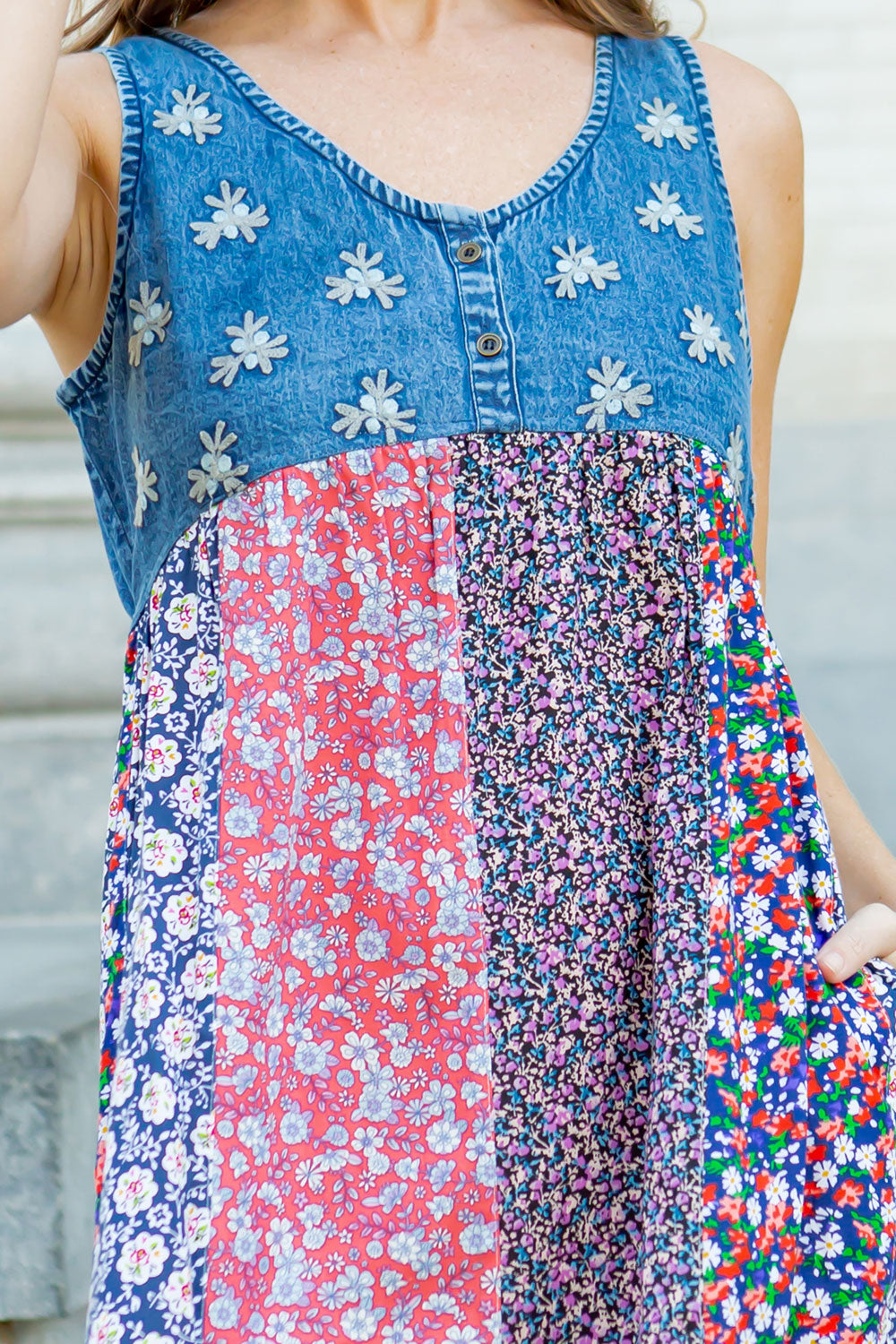 Patchwork Panels Denim Sleeveless Dress Dark Light Multi