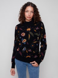 Floral Embroidered Mock Neck Sweater Black
