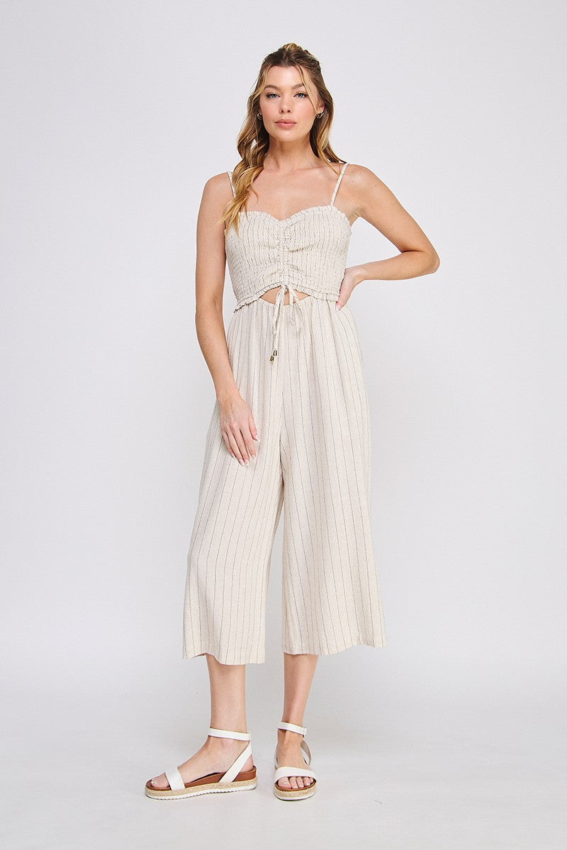 Smocked Sweetheart Linen Crop Leg Jumpsuit Natural Stripe